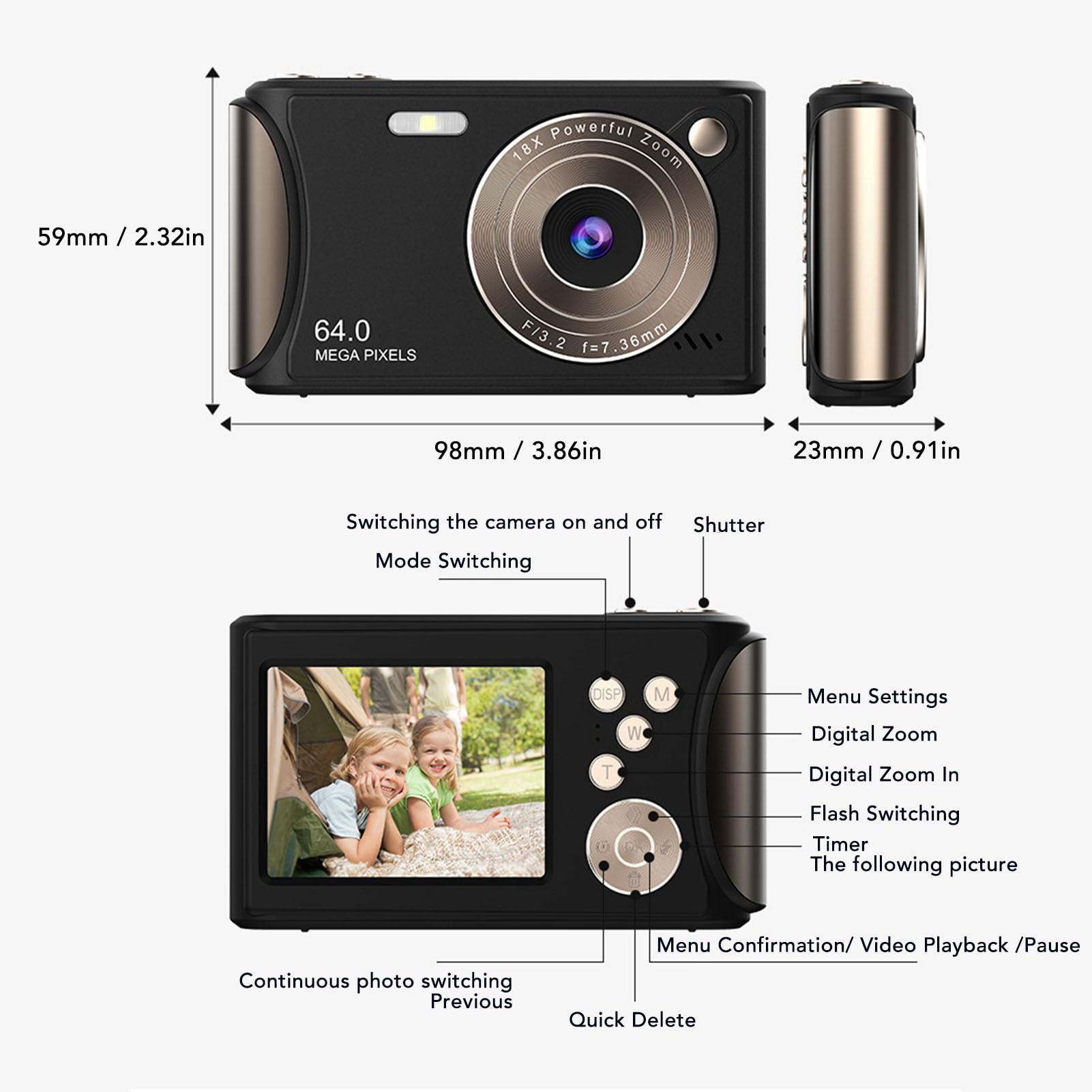 Aparat Cyfrowy 4K 64MP, 18-krotny Zoom, Automatyczne Ustawianie Ostrości, Kieszonkowy Aparat Fotograficzny dla Początkujących z 2,4-calowym Ekranem HD do Podróży
