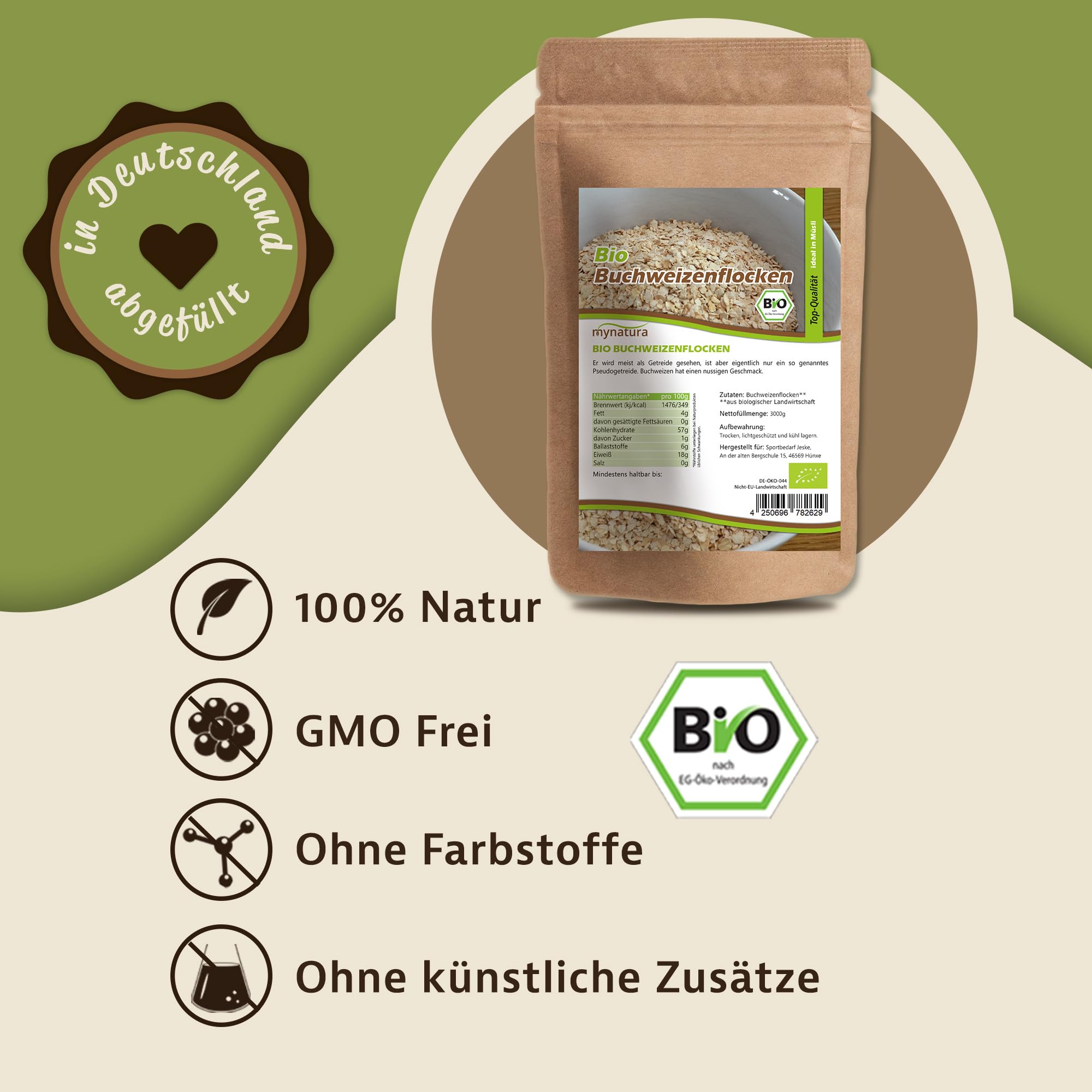 Mynatura Bio Buchweizenflocken I Buchweizen I Müslibowl I Weizenflocken I Getreideflocken I Getreide I Vegan I Im Beutel (2x 3kg)