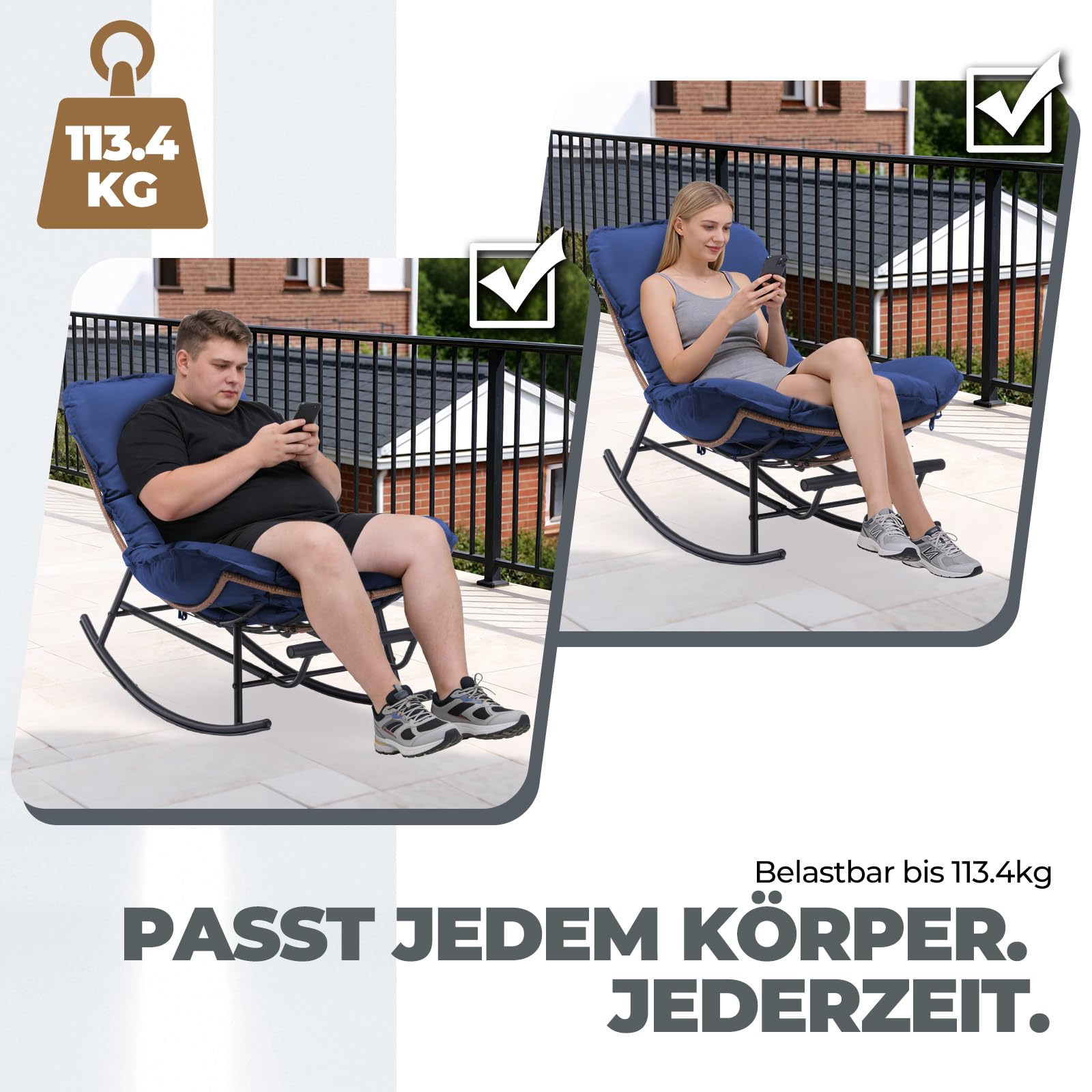 COMHOMA Schaukelstuhl, Schaukelsessel, Relaxsessel, Stahlgestell, ausziehbare Fußstütze, abnehmbares Kissen, bis 136 kg belastbar, Schlaf-, Wohnzimmer, Terrasse, Garten, blau