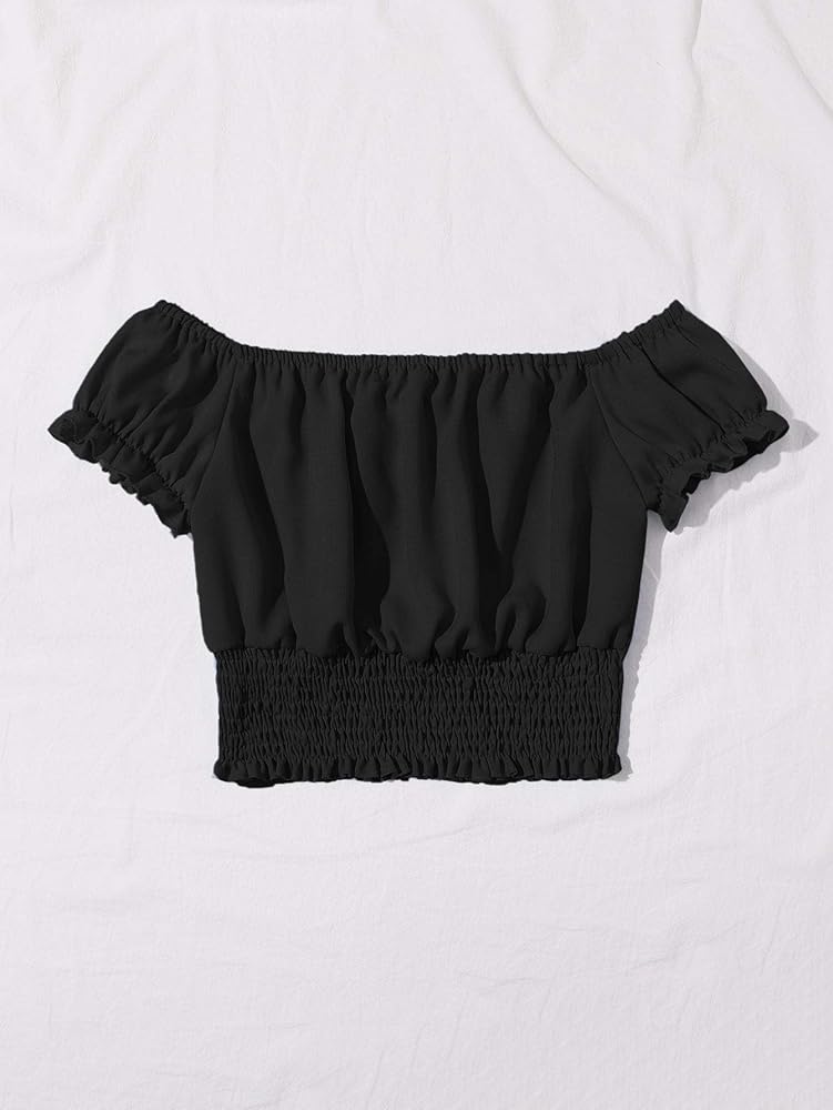 Floerns Women's Off The Shoulder Tie Neck Blouse Shirred Crop Top