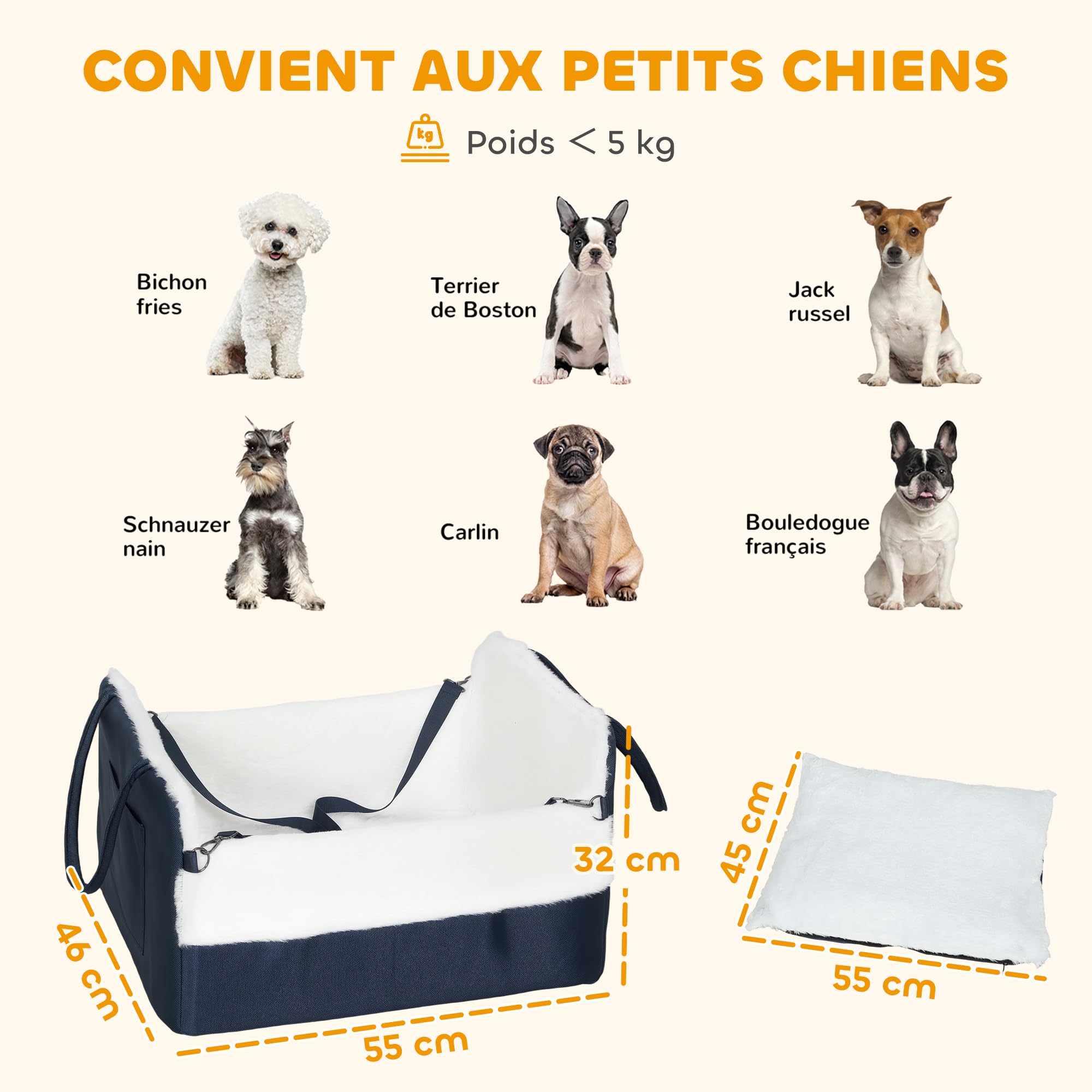 PawHut Asiento de Coche para Perros con cinturón de Seguridad y fijación, Asiento de Coche para Perros con Base Antideslizante portátil hasta 5 kg, cojín extraíble Cesta de Coche para Mascotas, Azul | Fijación, asiento de coche para perros, base antidesli