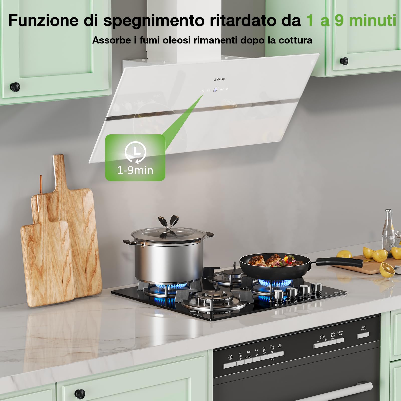 IsEasy Cappa Cucina, Cappa Aspirante 90 cm, 571 m³/h Aspirazione, 4 Livelli di Regolazione, Staffa Inclinazione 45°, 1-9 Min Spegnimento Ritardato, 61dB, Bianco, Efficienza A++