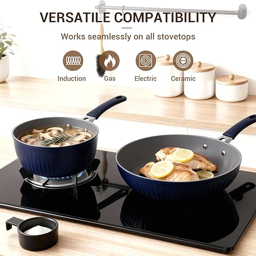 Miniatura 5 de Ammeloo Juego de utensilios de cocina de cerámica acanalada de 15 piezas, juego de ollas y sartenes antiadherentes, listo para inducción, juego de