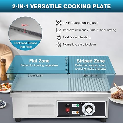 Miniatura 3 de IRONWALLS Plancha eléctrica antiadherente de 22 pulgadas, plancha comercial de acero inoxidable de 1600 W para interiores y exteriores, 2 en 1 media