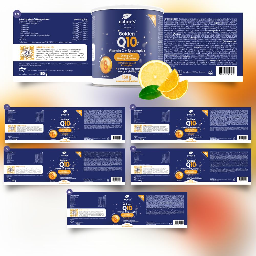 Nature's Finest Golden Q10, 150 g - Coenzima Q10 con Vitamina C in Polvere e Complesso Vitamina B - Integratore Alimentare in Polvere Gusto Arancia