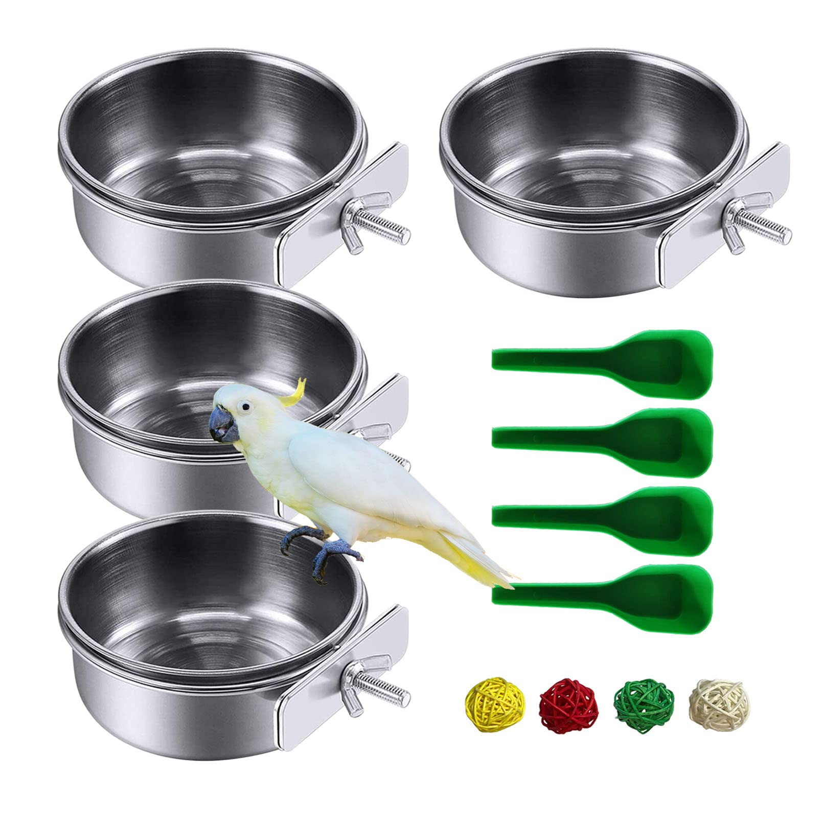 kathson 4 Pcs Stainless Steel Bird Feeding Bowl,Parrot Feeder Dish Cups Birds Cage Water Food Bowls Coop Cup with Clamp Holder for Parrots Cockatiel Budgies Parakeet Lovebird(L)