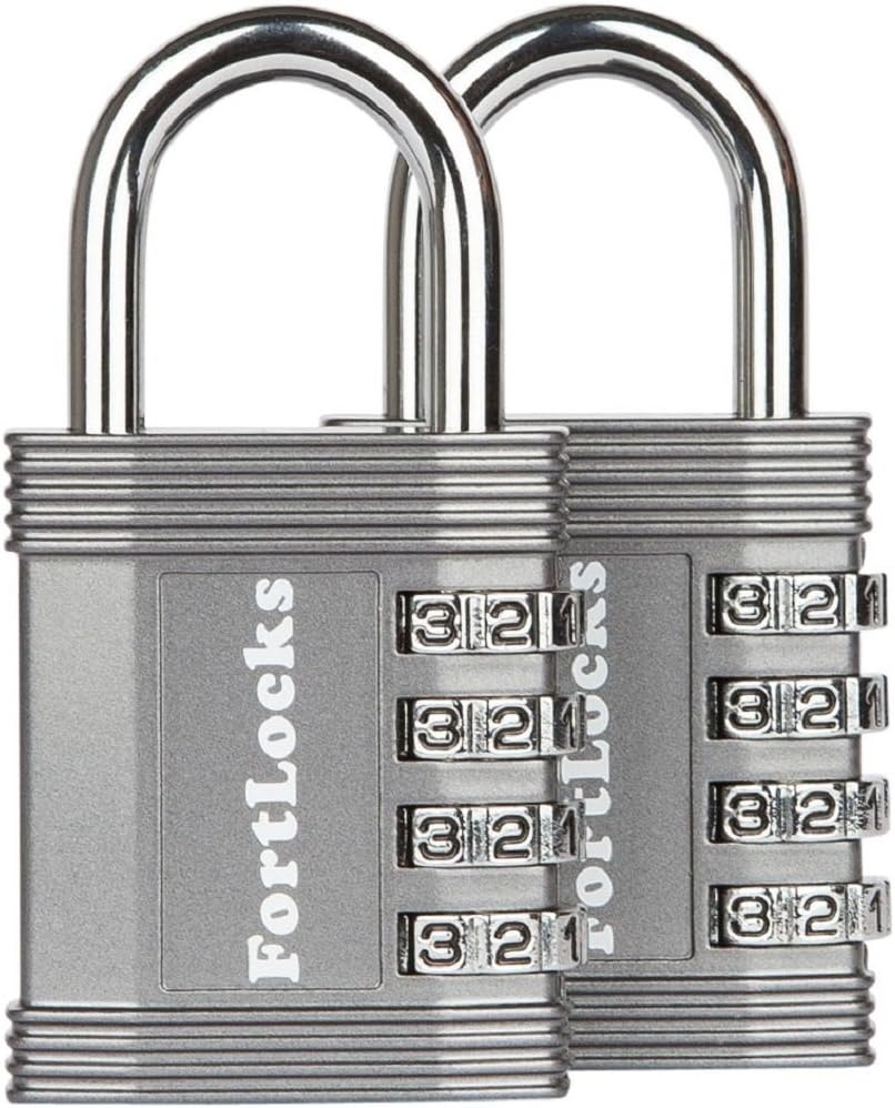 FortLocks Padlock - 4 Digit Combination Lock for Gym Outdoor & School Locker, Fence, Case & Shed – Heavy Duty Resettable Set Your Own Combo – Waterproof & Weatherproof (2 Pack - Silver)