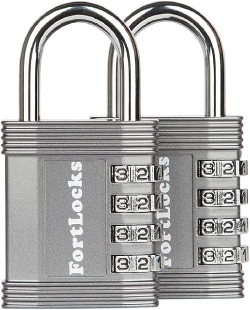 FortLocks Padlock Set - 4 Digit Combination Lock for Gym Outdoor & School Locker, Fence, Case & Shed Heavy Duty Resettable Set Your Own Combo Waterproof (Silver, 2 Pack)