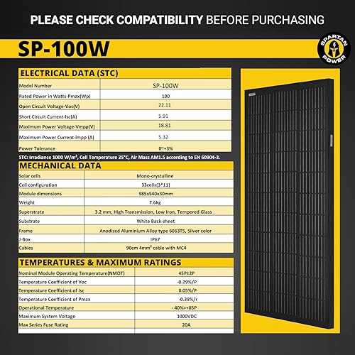 Miniatura 6 de Spartan Power Panel solar de 100 W, 9 barras de autobús, color negro, ideal para RV, remolque, cámper, barco, cabina, granja, SP-100W