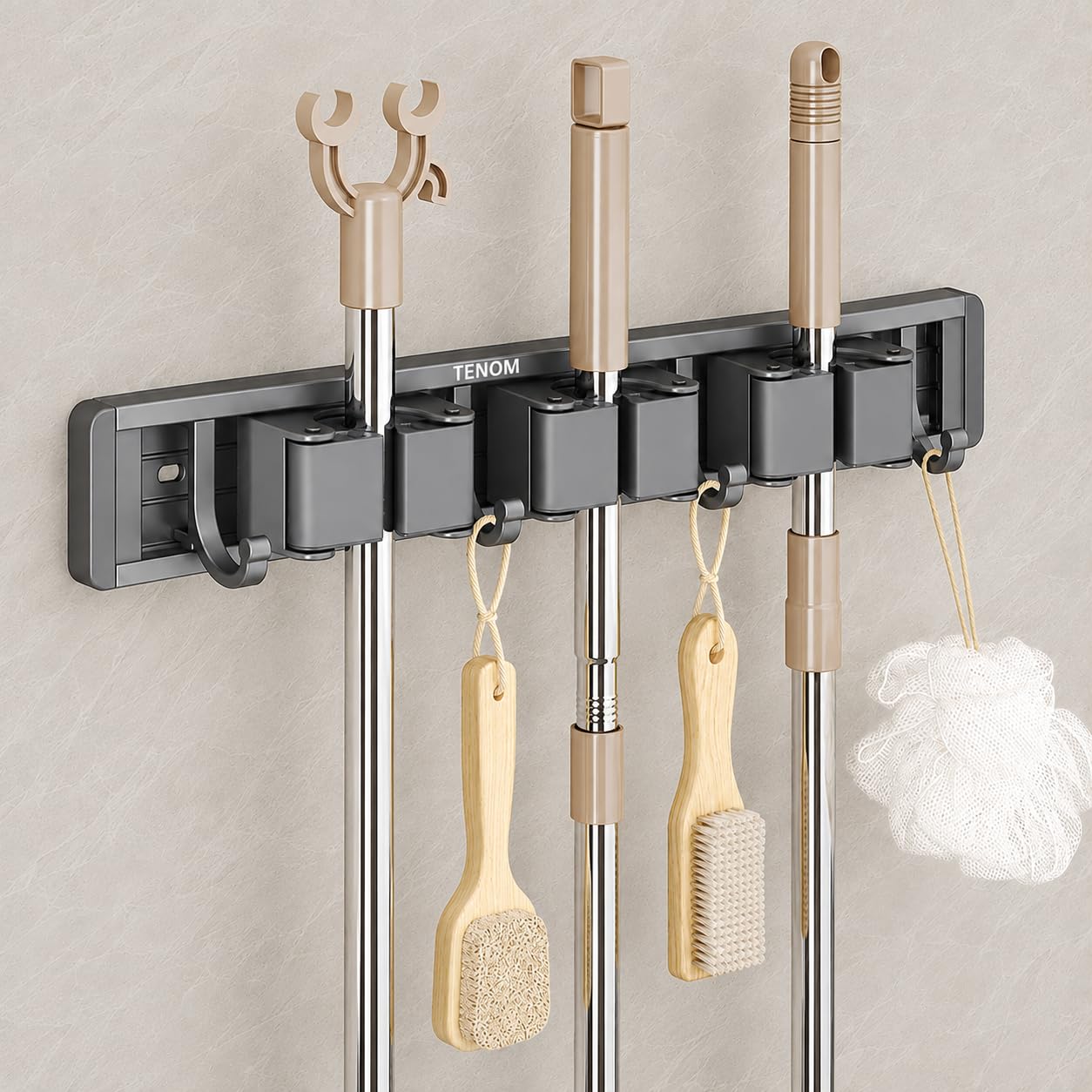 TENOM Broom Holder Wall Mount, Space Aluminium Rust Proof Mop Holder, Broom Stick Holder Wall Mounted with Hooks, Mop Hanger for Kitchen, Bathroom & Home-image-18