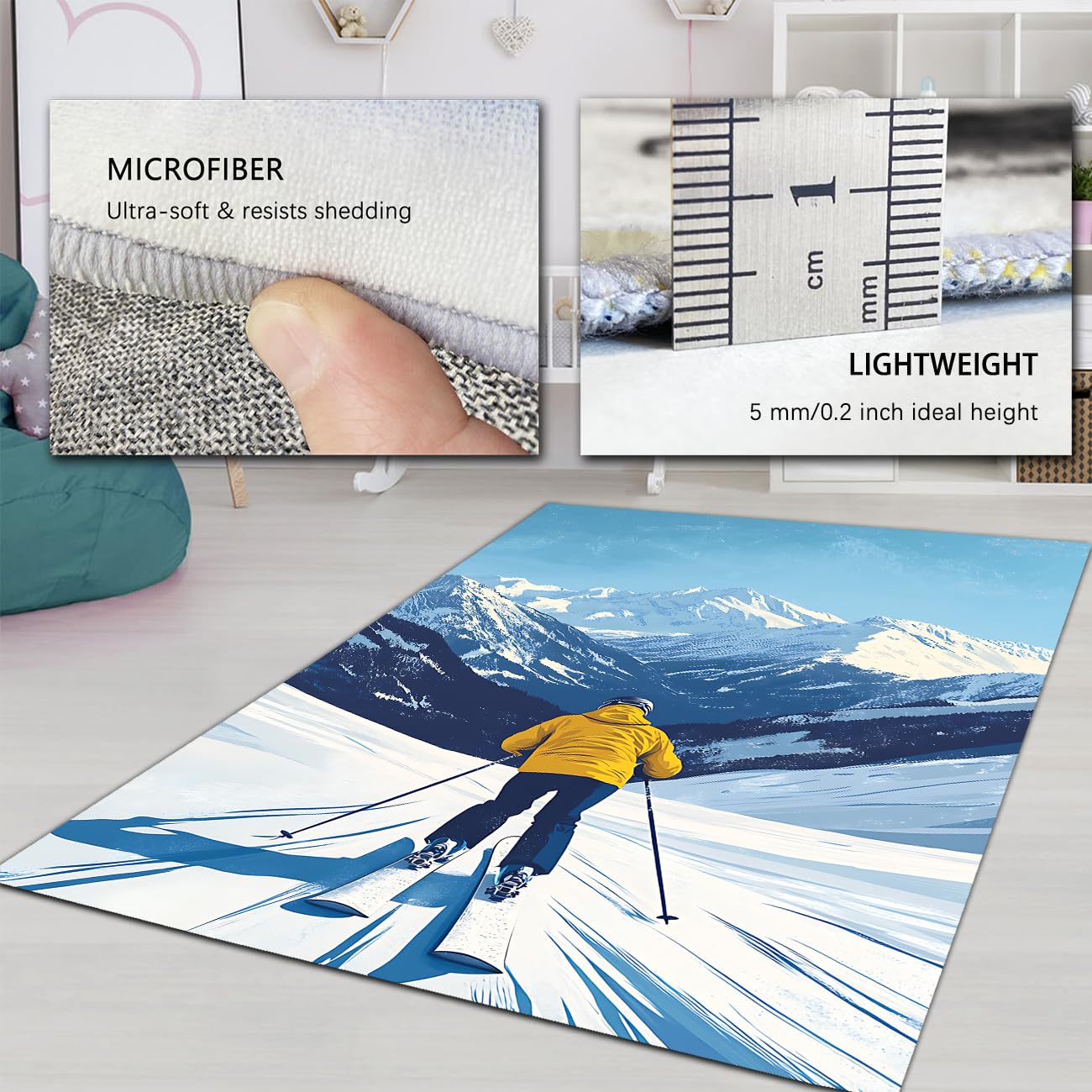 Tapis Montagne enneigée Ski Hiver Sport Aventure Bleu Lavable Tapis Poil Ras Flanelle Douce antidérapant Neige carpette Bureau déco saisonnière 200x300cm
