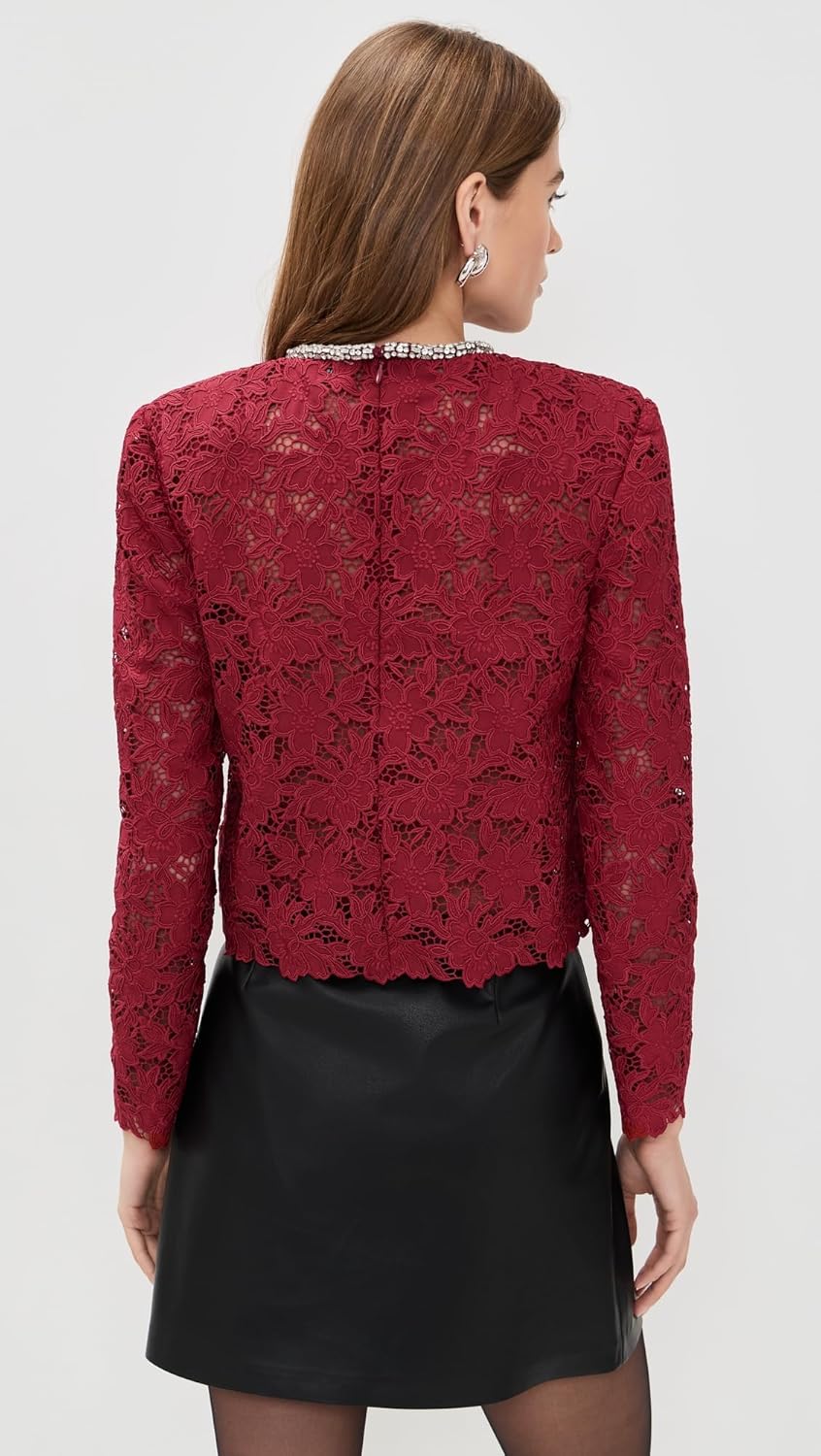 Self Portrait Women's Burgundy Lace Crystal Trim Top - Image 4