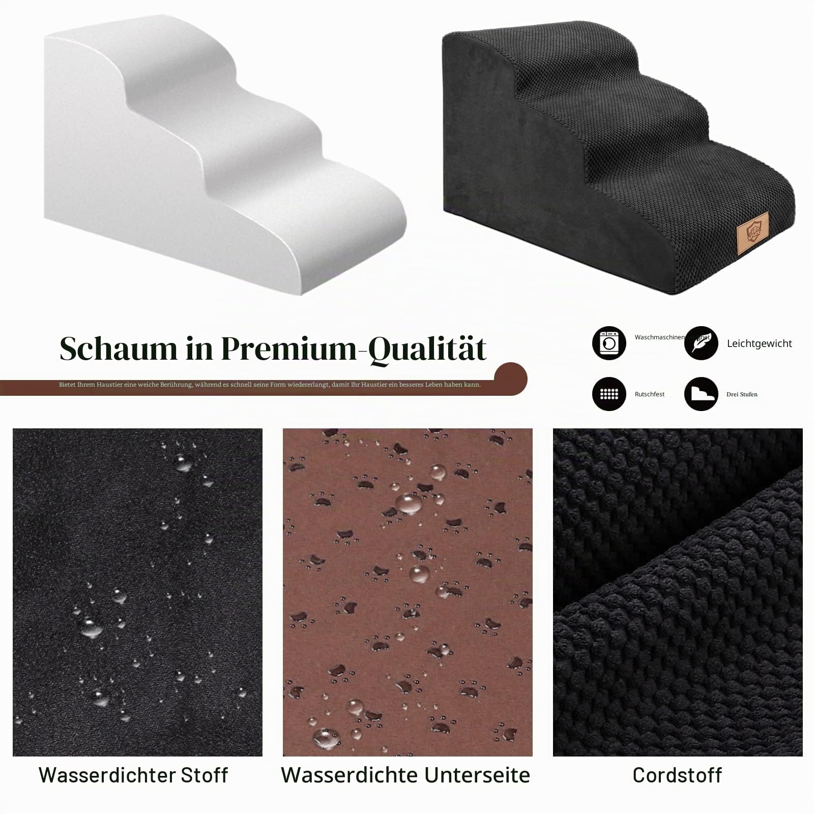 Hundetreppe – 3 Stufen Haustiertreppe 40cm Hoch – Hochdichter Schaum – Abnehmbar waschbarer Bezug – rutschfest & Gelenkschonend für Kleine Hunde Katzen zum Sofa und Bett