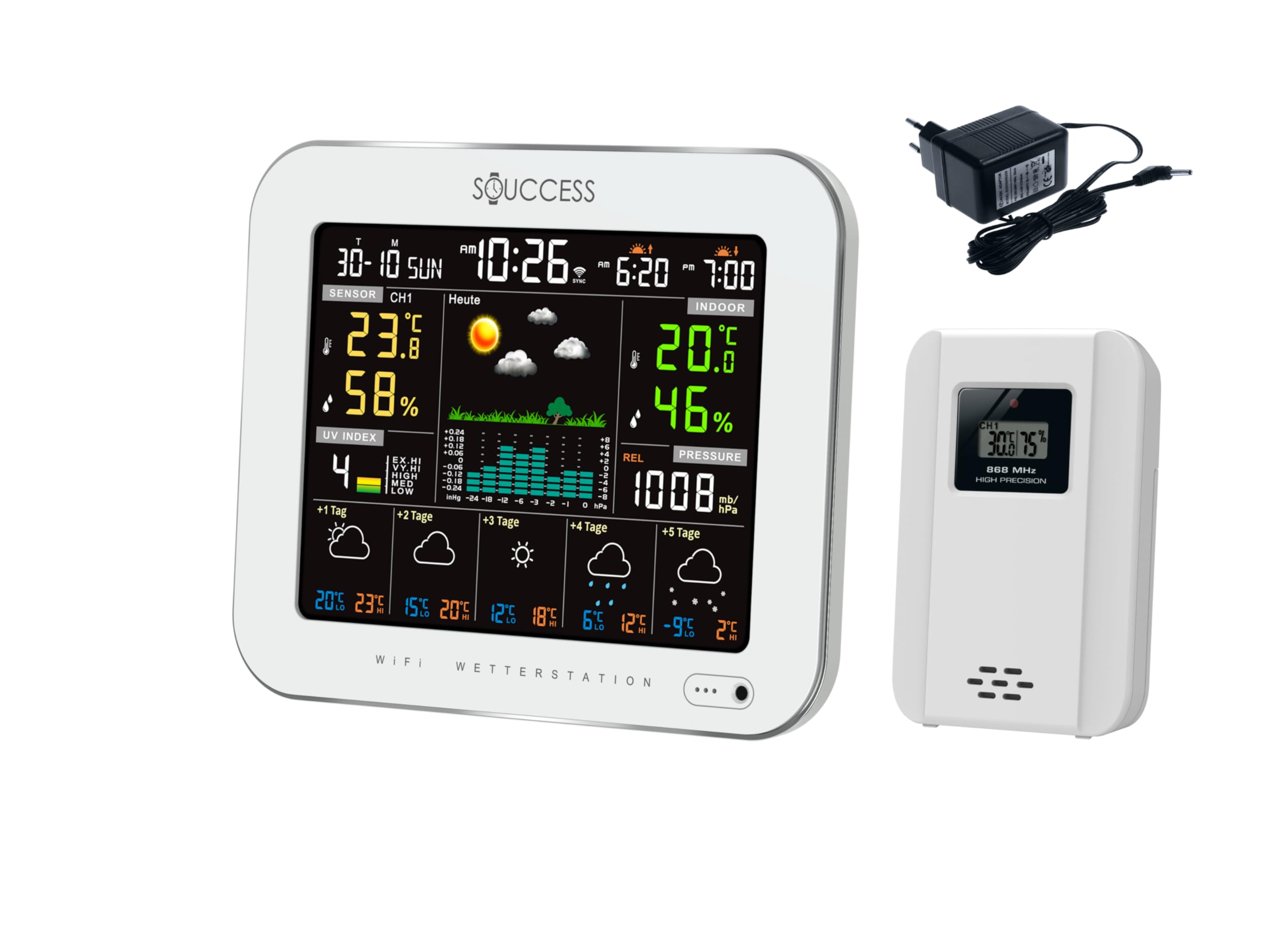 SOUCCESS Estación meteorológica inteligente Deluxe blanca con sensor exterior, estación meteorológica inalámbrica WiFi con aplicación Tuya Smart Life, pronóstico del tiempo de 5 días, pantalla a color