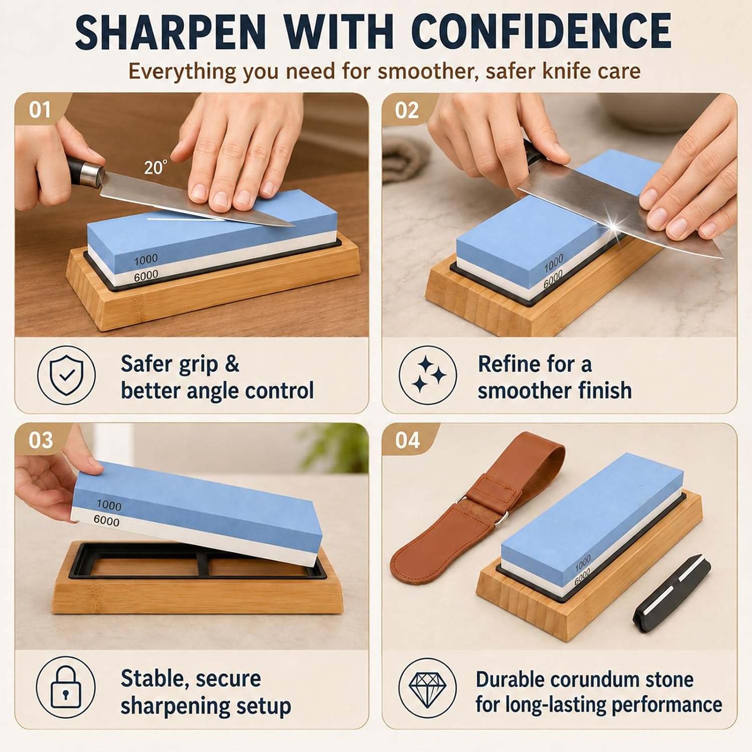 Knife Sharpening Stone Set, 1000/6000 Grit Dual-Sided Whetstone