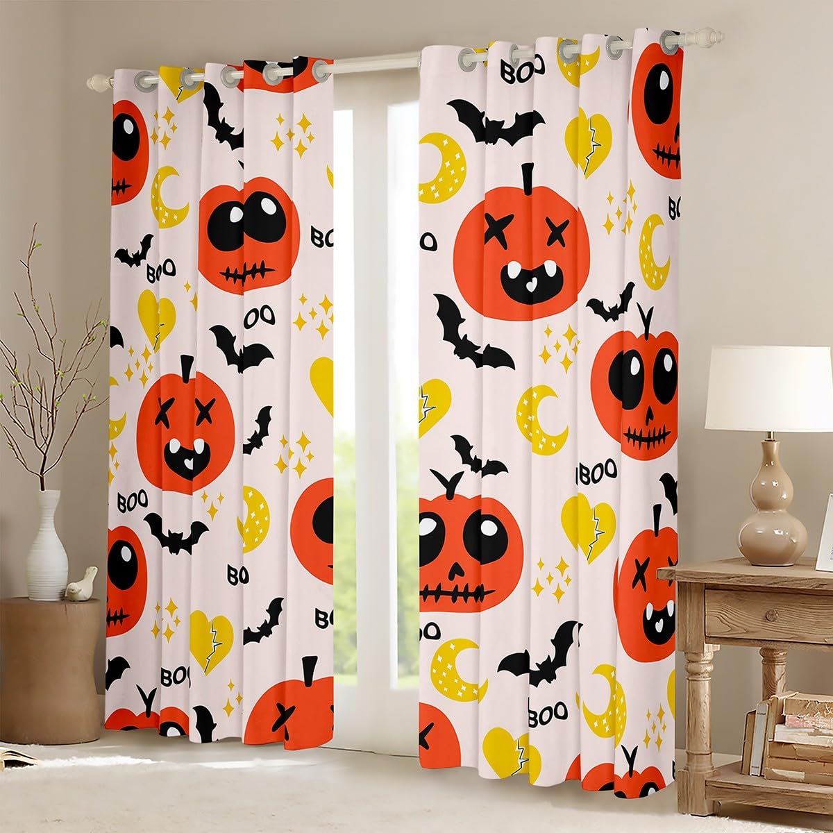 Happy Halloween Kids Decorations Curtains Cartoon Pumpkin Kawaii 30%-50% Blackout Window Curtains Bedroom Teens Halloween Funny Themed Window Drapes Treatments Pink Yellow Orange, 38W X 54L,2 Panels
