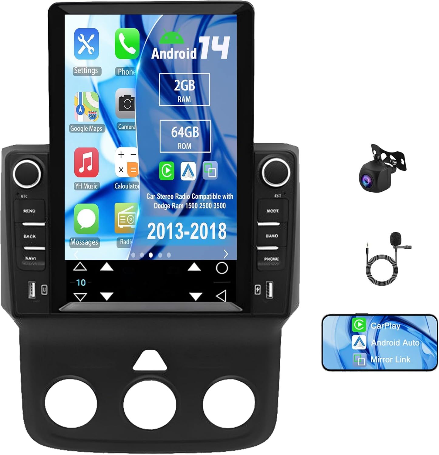Car Stereo Fit for Ram 1500 2500 3500 2013-2018,Slakerbe 9.7 Inch Touch Screen Car Radio Wireless Carplay & Android Auto with WiFi Bluetooth FM/RDS Navigation Media Player (2+64G)