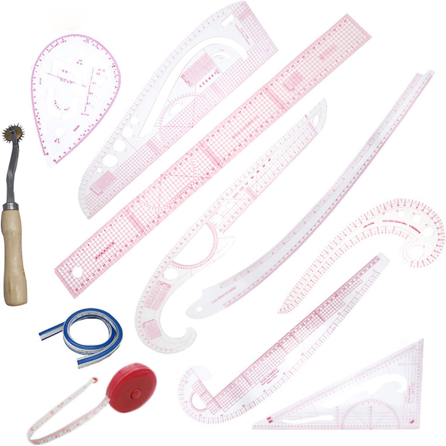 11PCS French Metric Ruler Clothing Fashion Ruler Curve Shaped Grading Rulers Cloth Wheel Ruler Measure Tape Sewing Tools for Sewing Dressmaking Pattern Design DIY Clothing Bendable Drawing Template