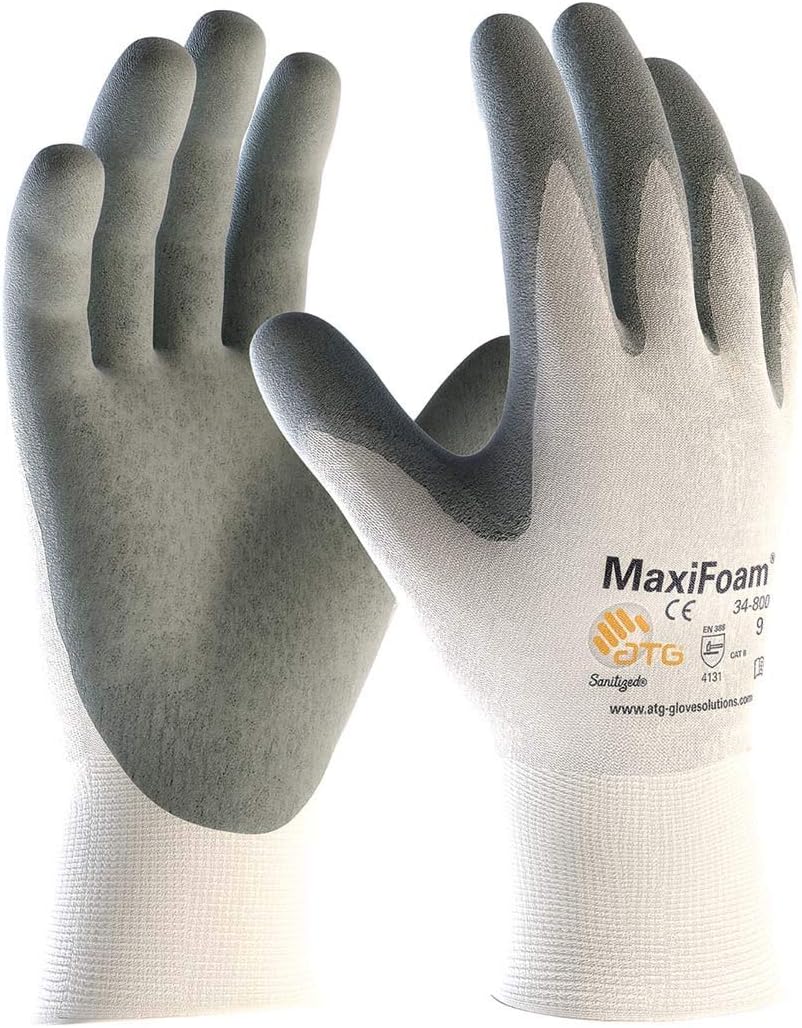 Protective Industrial Products Medium MaxiFoam By ATG Gray Nitrile Palm And Finger Coated Work Gloves With Nylon Liner And Continuous Knit Wrist, Grey (34-800/M)