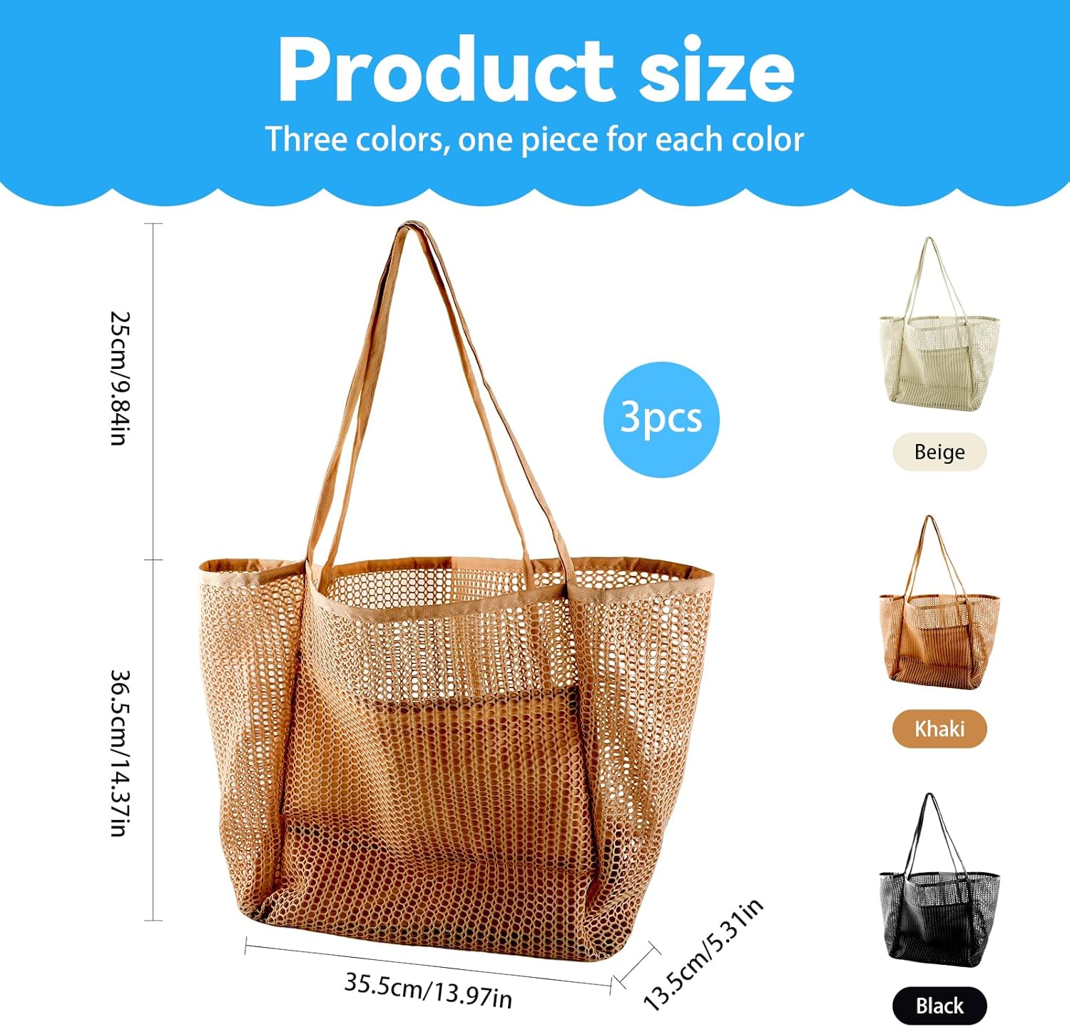PineHaven 3 Pcs Mesh Beach Tote Bags for Women,Foldable Shopping Bags with Inner Pocket,Lightweight Travel Essential Accessories for Pool, Vacation, Picnic (Black, Khaki, Beige) - Image 3