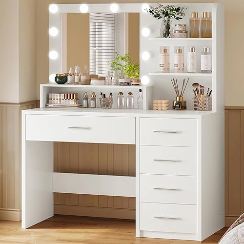 Miniatura 2 de Escritorio de maquillaje con espejo y luces, tocador con 5 cajones y 3 estantes de almacenamiento, 3 modos de color y brillo ajustable, tocador para