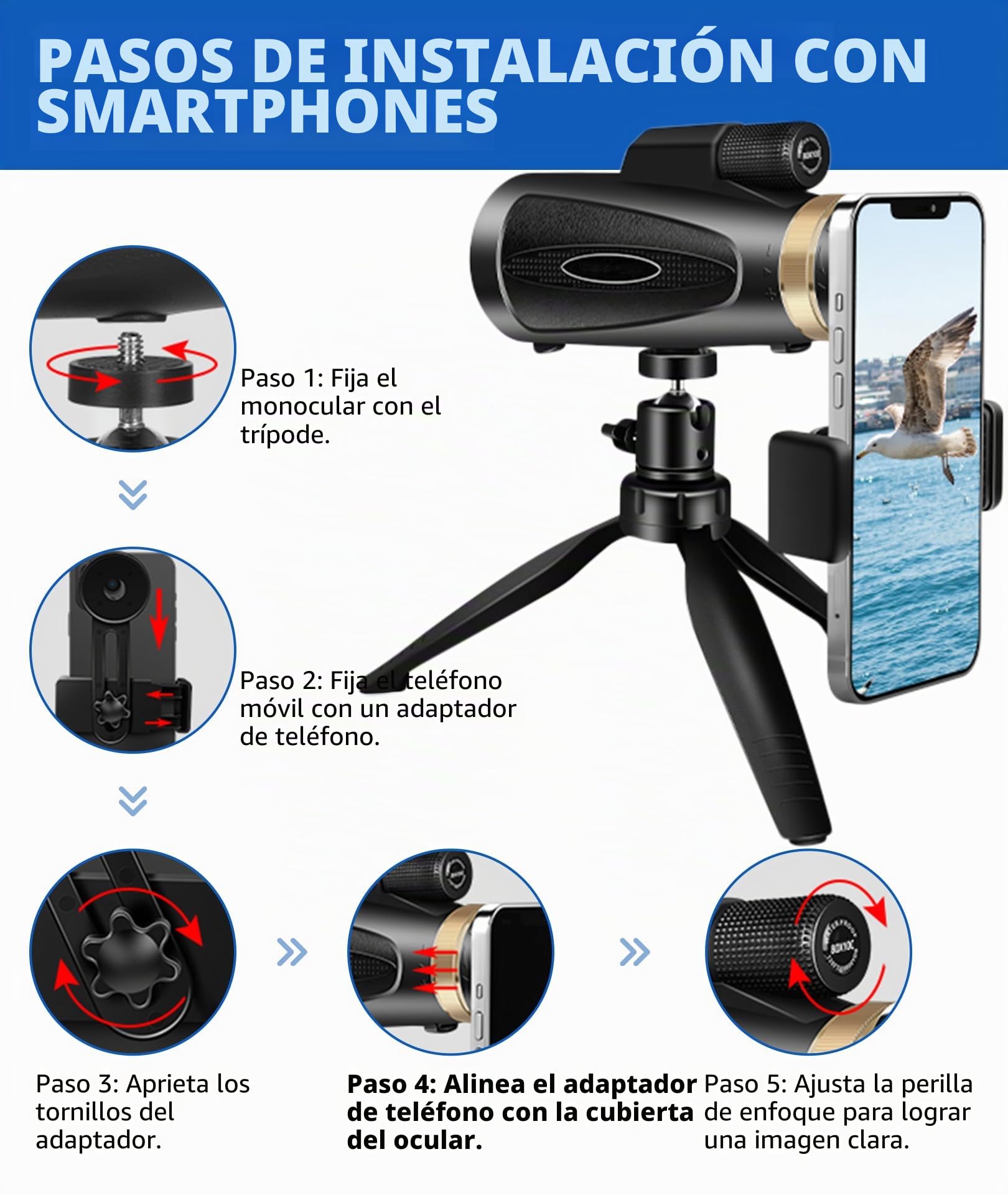 Telescopio monocular de alta potencia 80 x 100 con adaptador de smartphone, trípode y prisma BAK4, adecuado para observación de aves