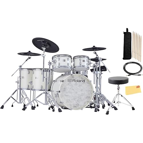 Roland VAD716-PW V-Drums Acoustic Design Electronic Drum Set - Pearl White Bundle with Drum Throne, Audio Cable, Drumsticks, Drumstick Bag, and Austin Bazaar Polishing Cloth