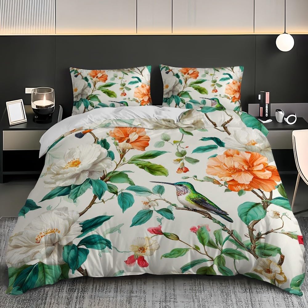 3-częściowy komplet pościeli z mikrofibry, z zamkiem błyskawicznym – retro rośliny i ptaki, żelowa, poszwa na kołdrę 240 x 220 cm i 2 poszewki na poduszkę 80 x 80 cm, biała, miękka, oddychająca poszwa