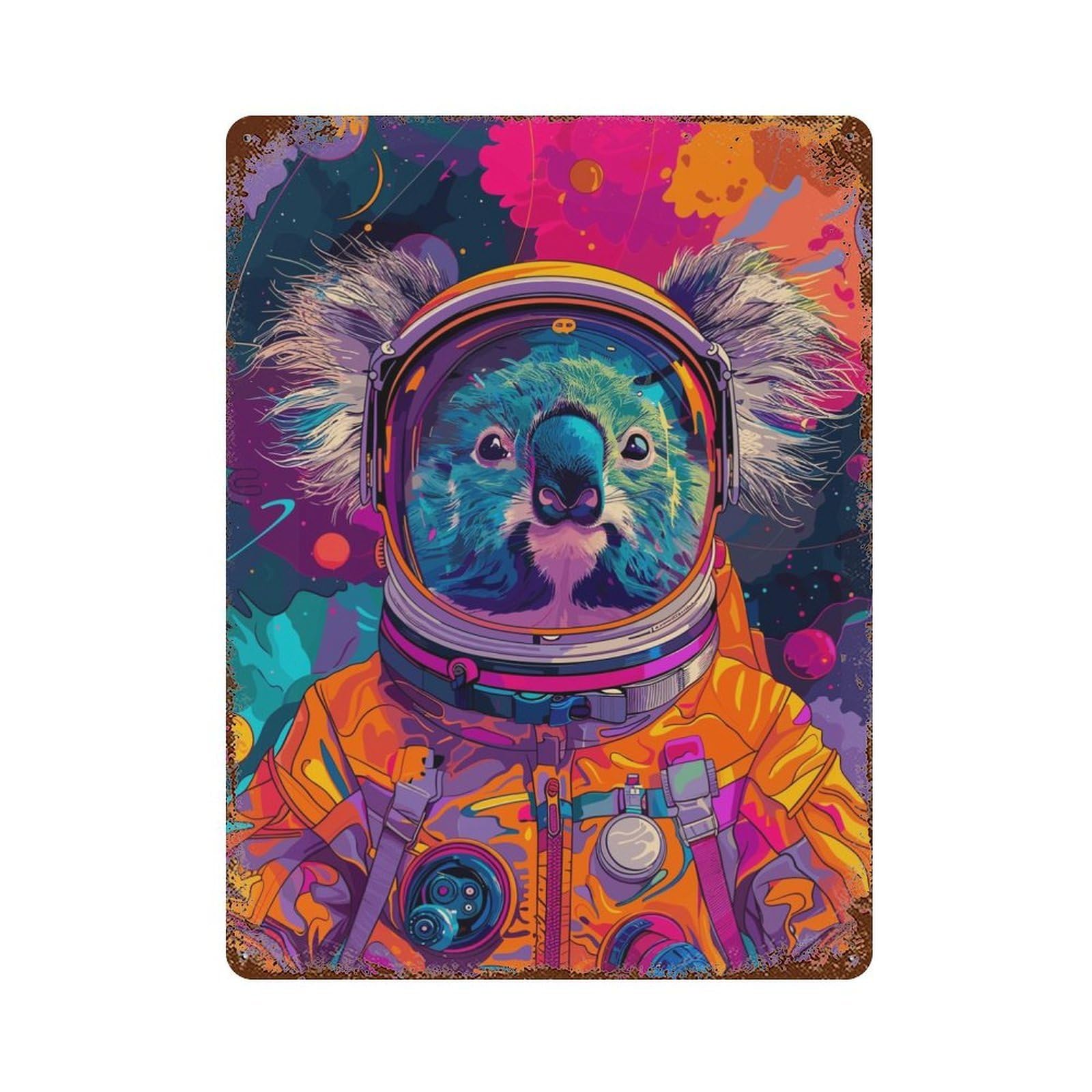 Astronaut Space Koala Vintage Wall Sign 15.7"x11.8", Rust Effect Metal Decor for Office, Studio And Wall Decor