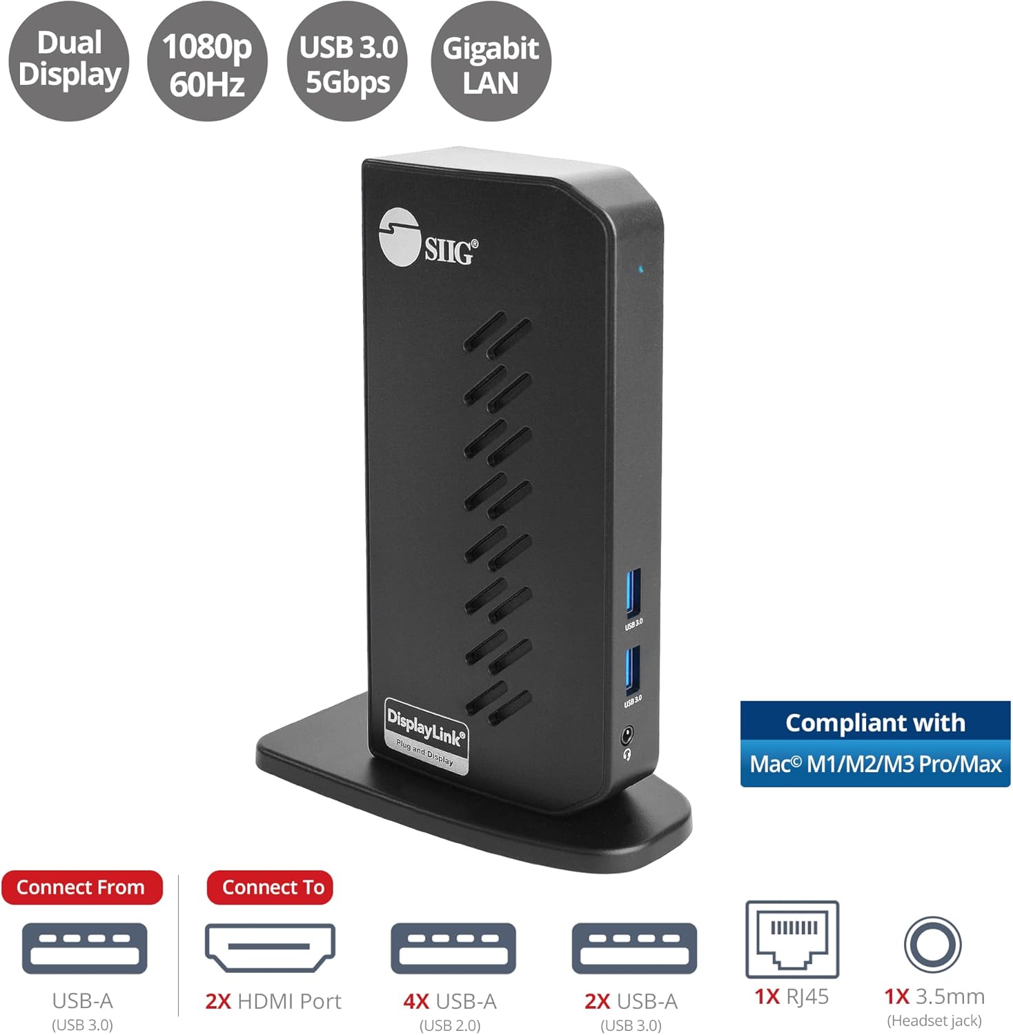 SIIG USB 3.0 Dual Monitor Docking Station - Up to 1080p, 2X HDMI Ports, 2X USB 3.0 Ports, 4X USB 2.0, Gigabit Ethernet, 3.5mm Headset, Compatible with Windows & Mac M1/M2/M3 Pro&Max (JU-DK0L11-S1)