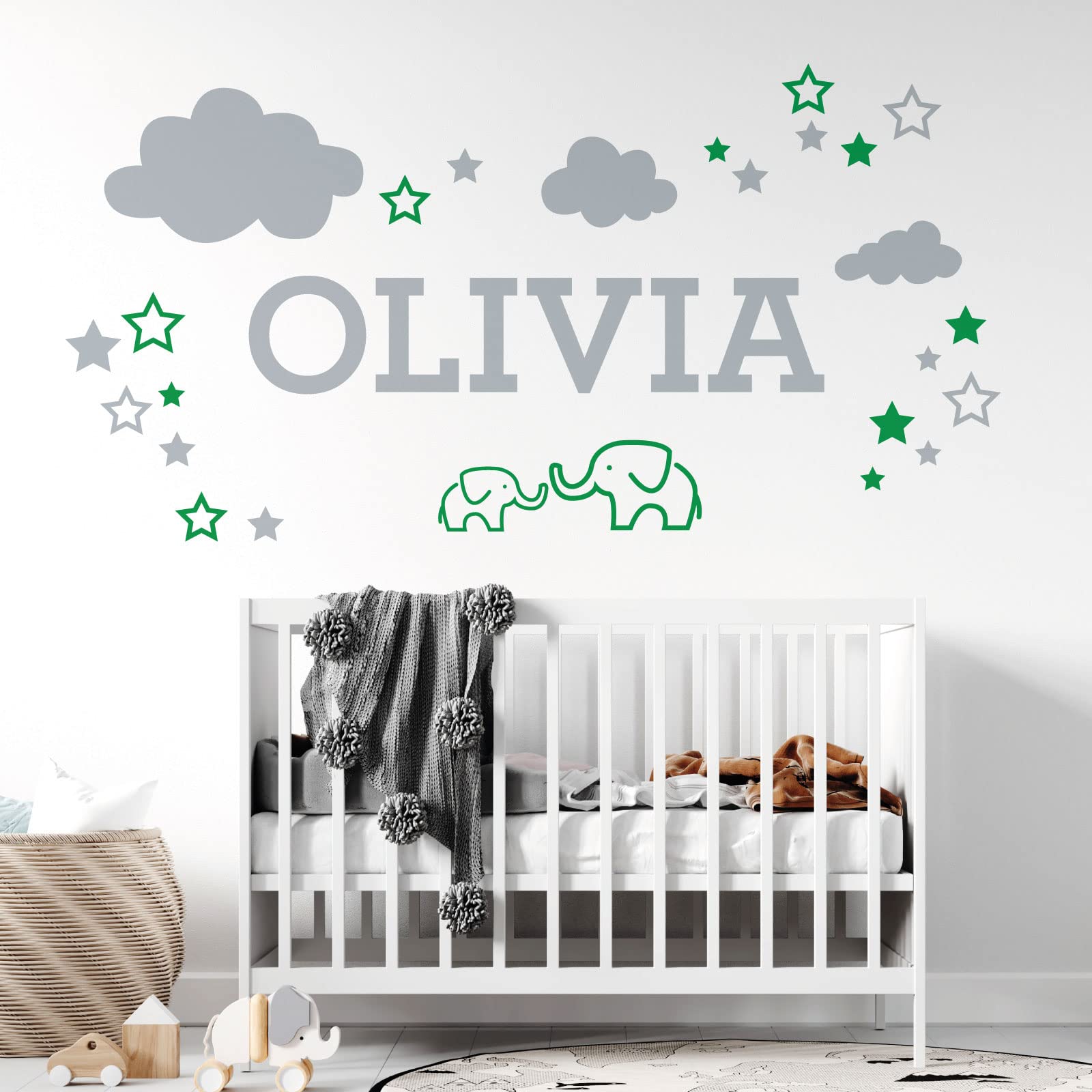 Elephants, Clouds & Stars - Personalised Name Nursery Wall Sticker [Medium] [Cactus]