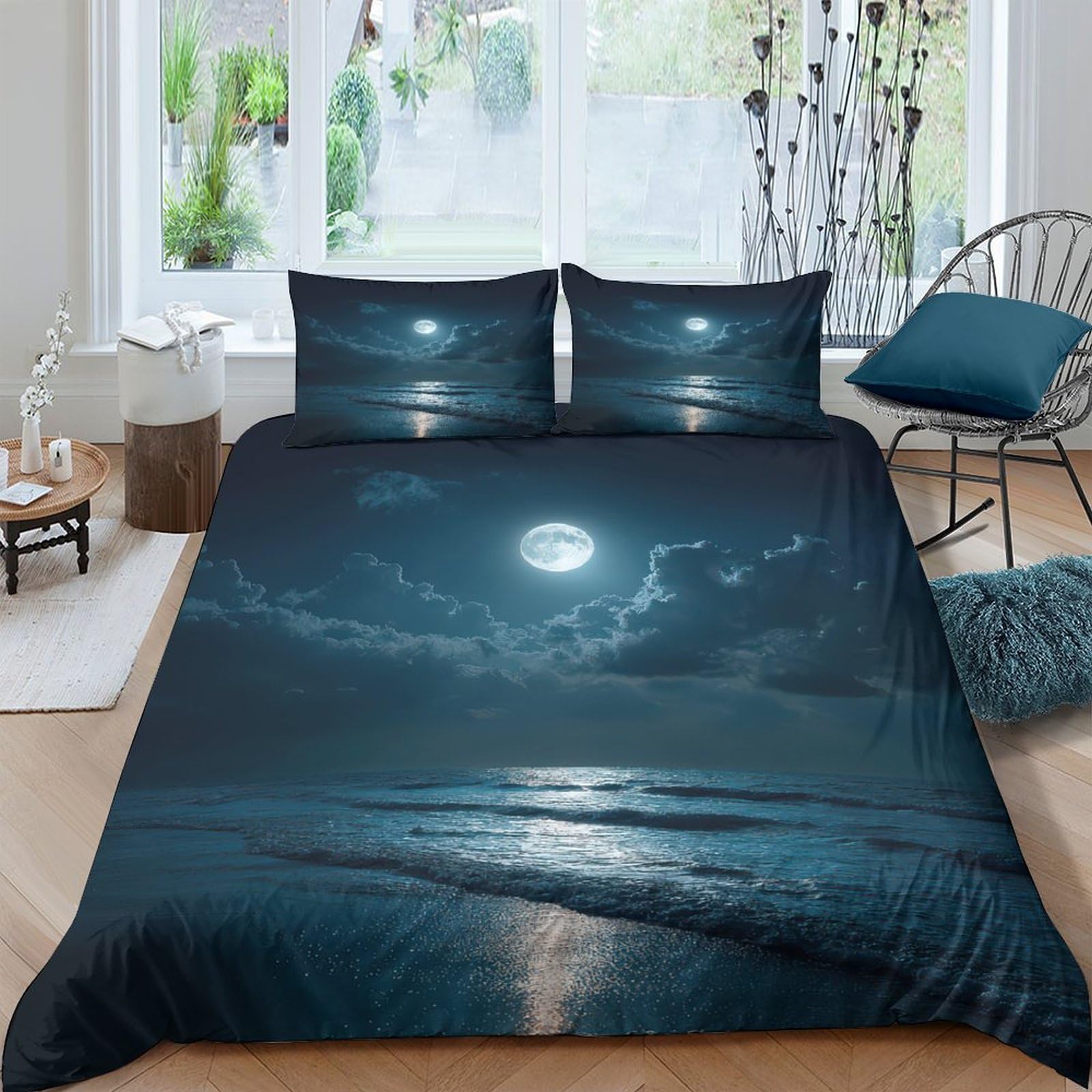 Ctjqhvkz Style-1 3D Printed Moonlit Ocean Fitted Sheet Microfiber Soft Bed Cover Night Sky Mattress Cover For Bedroom Dorm Decor Single（135X200cm）