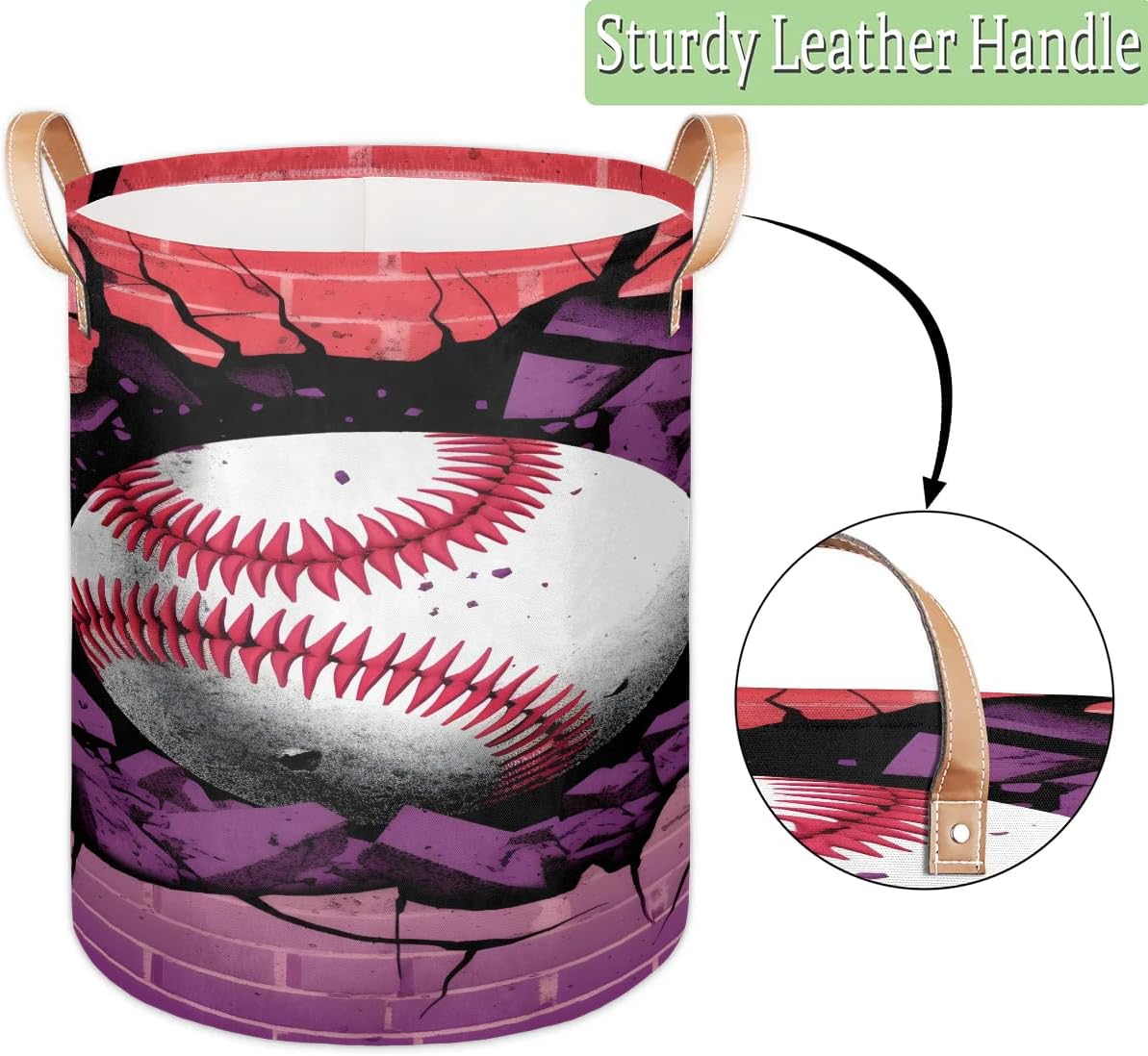 Baseball Wall Hole Round Laundry Basket with Handles 70L Large Laundry Hamper Collapsible Polyester Dirty Clothes Storage Bucket Tall Organizer Basket for Nursery Bathroom Decor