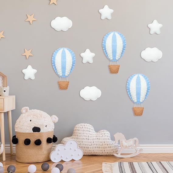 Poen 10 Pcs Hot Air Balloon Felt Wall Decor, Nursery Stars Clouds,Blue