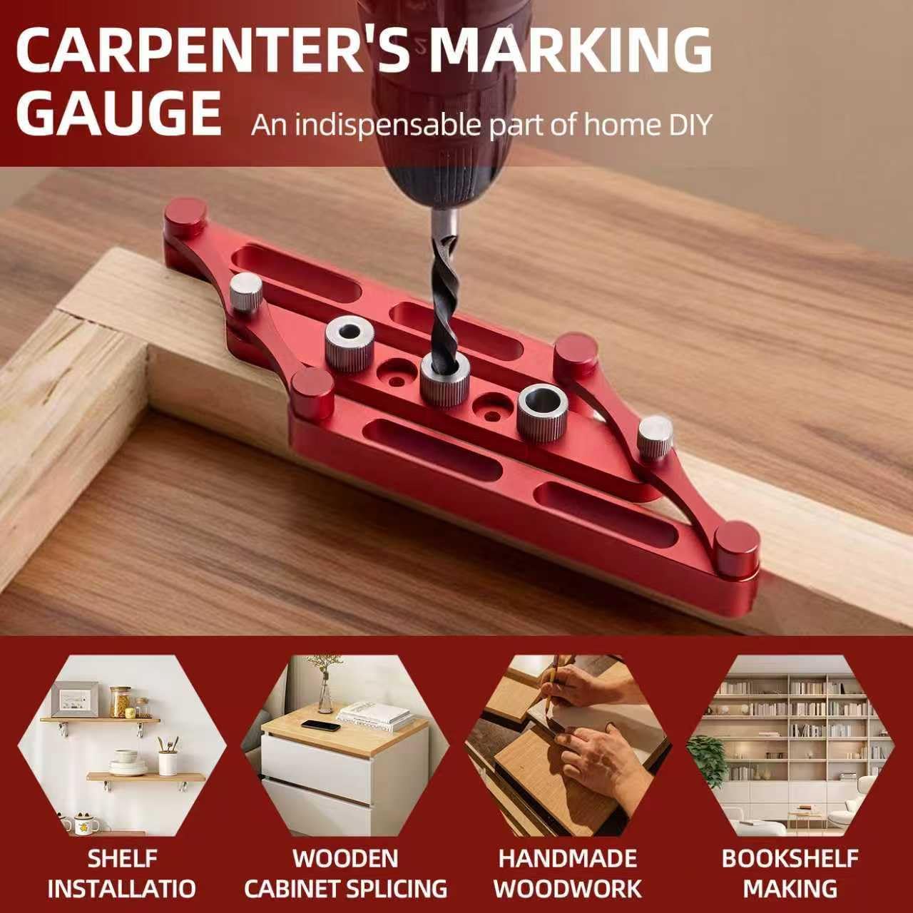 Center Finder Gauge with Interchangeable Rods，Self Centering Doweling Jig Woodworking Joinery Hole Drill Guide， Positioner Locator Tool ，Woodworking Marking