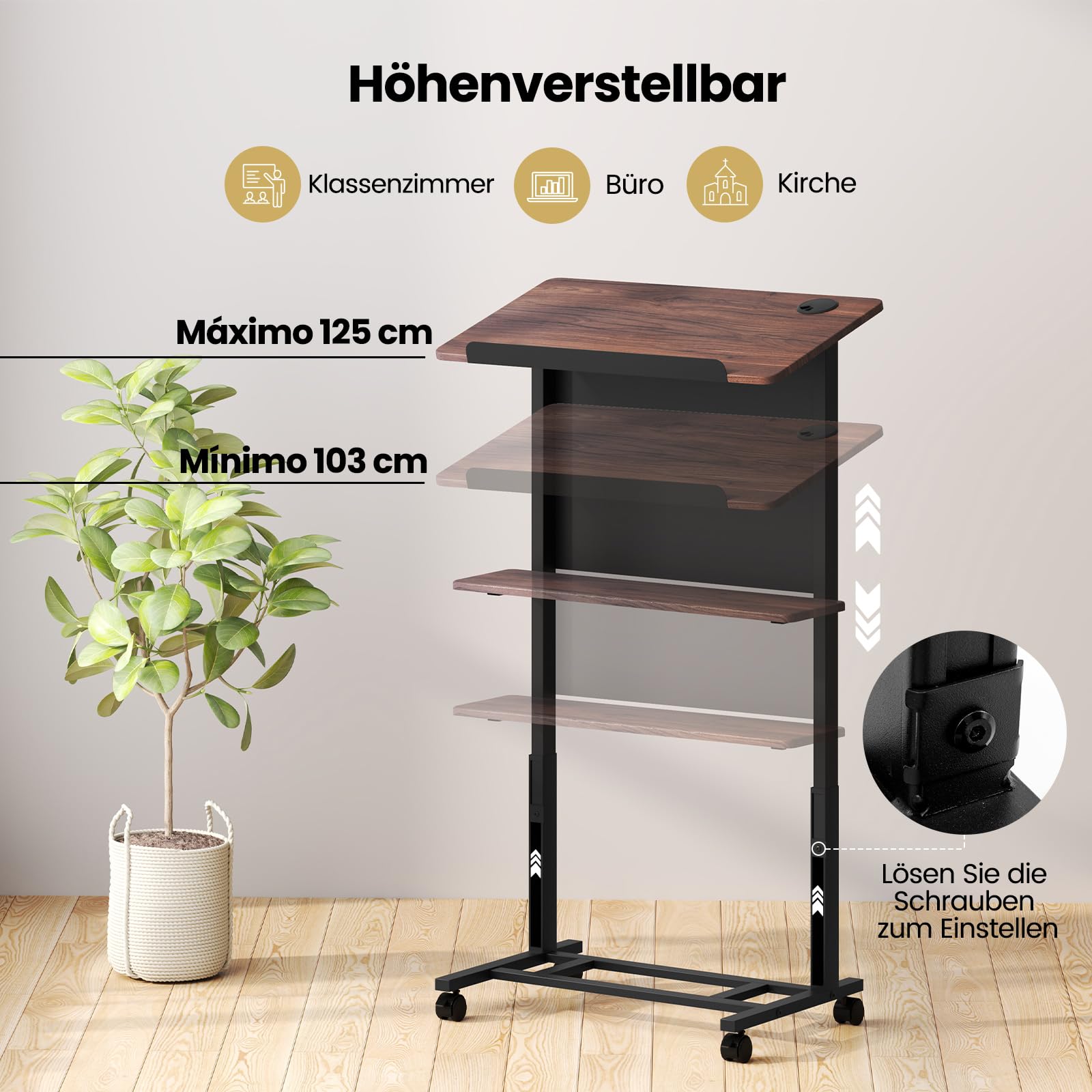 COSTWAY Mobilny pulpit stojący, mównica z regulacją wysokości z uchylnym blatem, półka i ogranicznik krawędzi, biurko do pisania, stolik stojący na kółkach, do biura domowego, orzech włoski