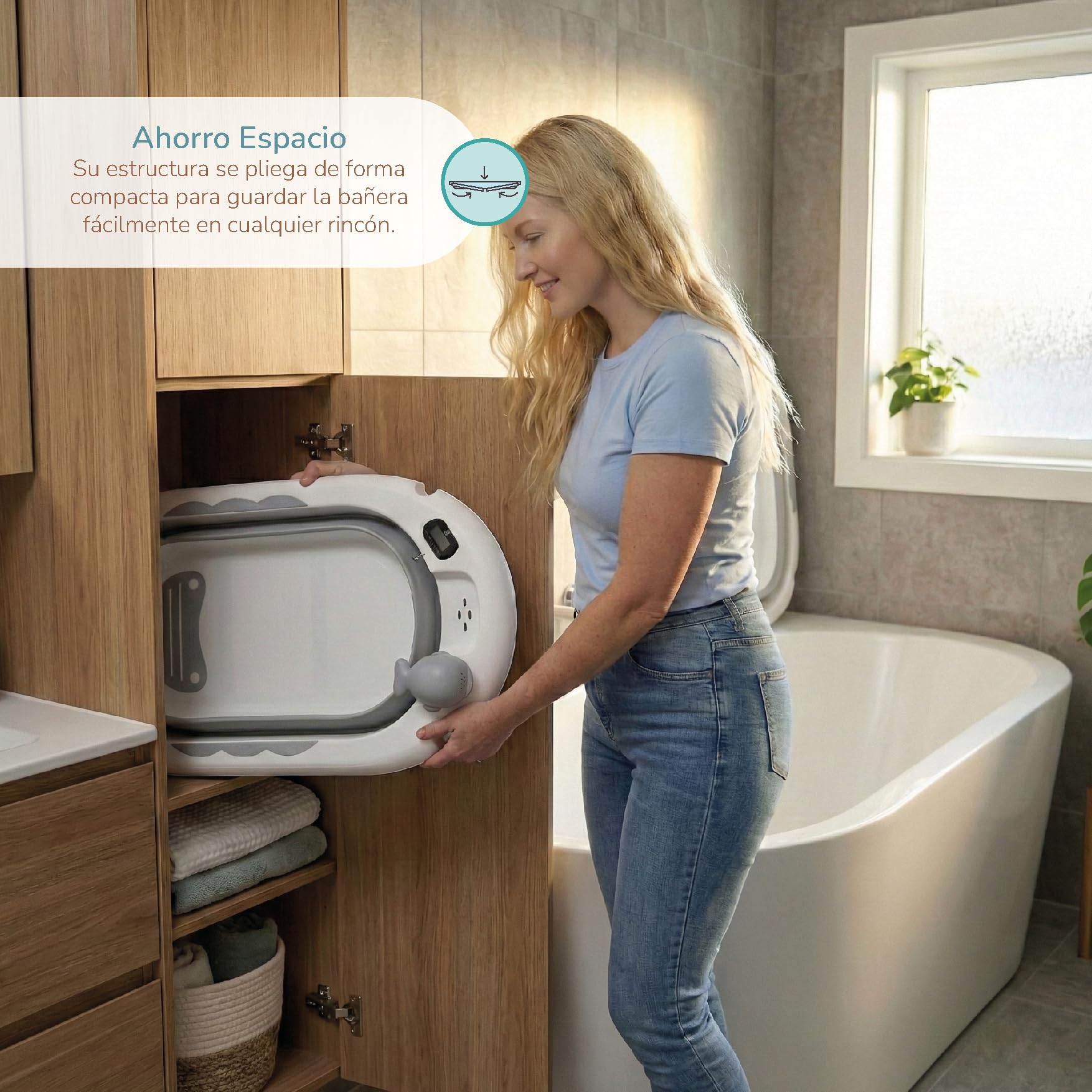 Buddy Baby - Vasca pieghevole BebéSplash con temperatura - Da 0 mesi - Cuscino riduttore rimovibile - Base antiscivolo - Tappo di scarico - Design compatto e portatile - Annaffiatoio balena