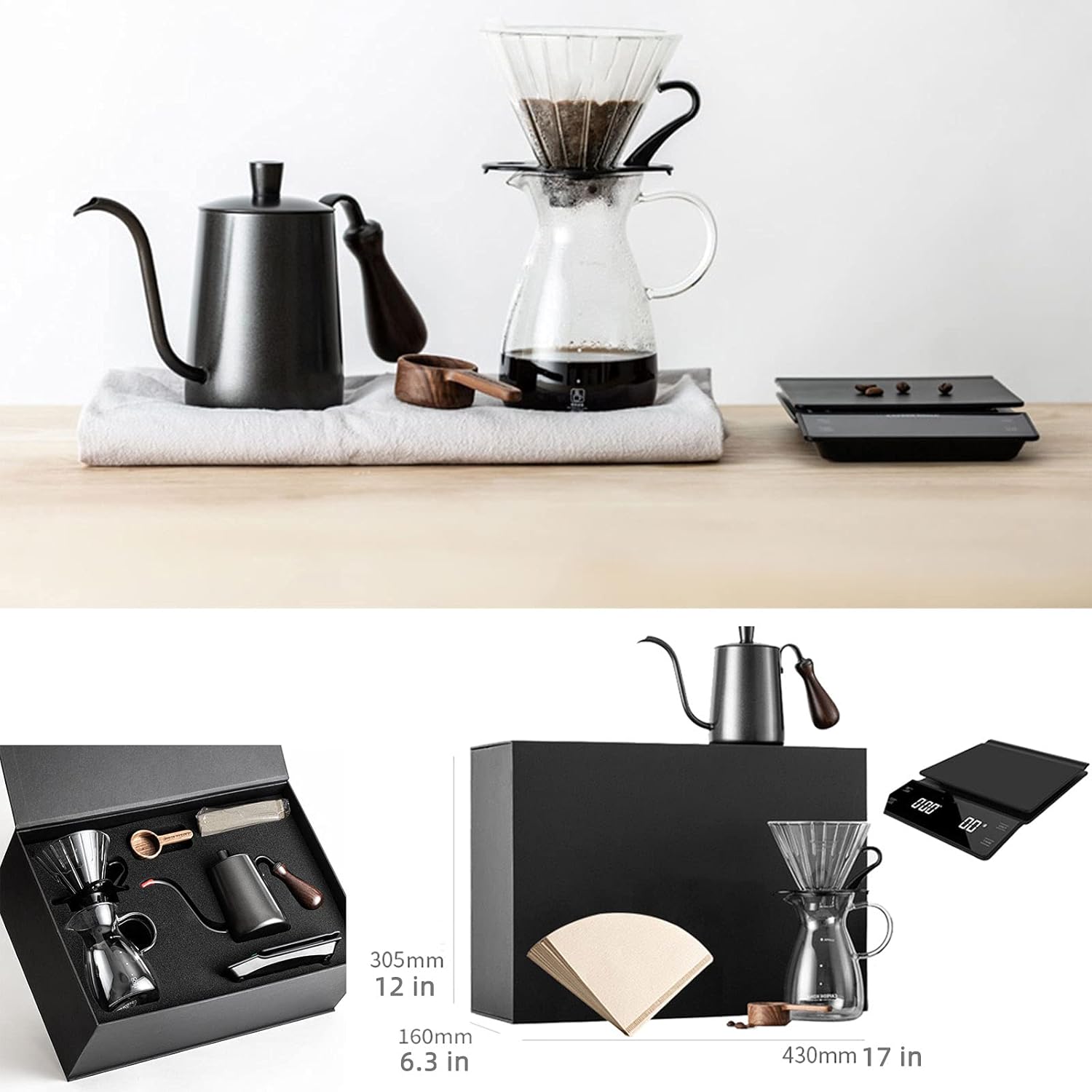 Pour Coffee Dripper Set 6PCS Manual Drip Coffee-Maker Glass with Stainless Steel Filter All in One Coffee Brewer Set-Up