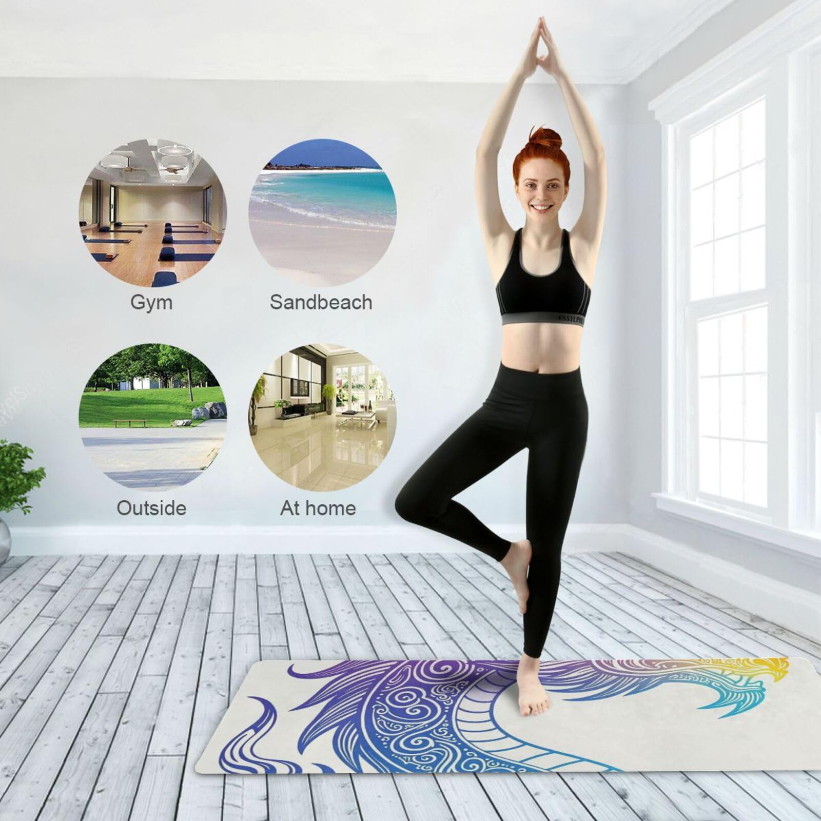 Dragon Art - Tapete de yoga fino con estampado colorido y estético antideslizante de 1 mm de grosor para yoga caliente, antideslizante, con bolsa para ejercicio, 180 x 66 cm