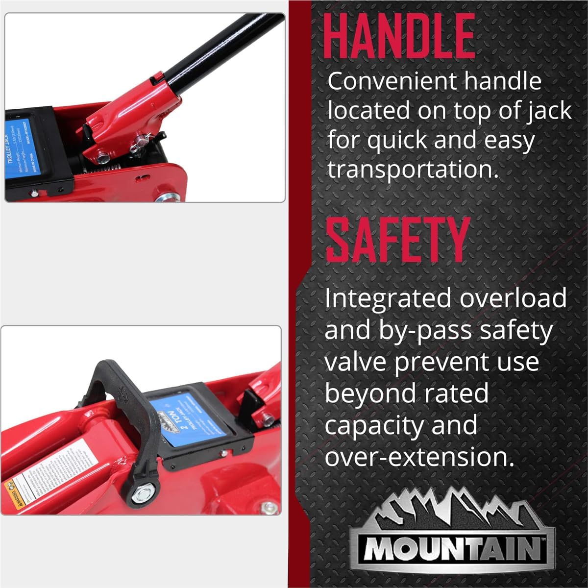 Mountain 22007 2 Ton Automotive Trolley Floor Jack for Garages, Repair Shops and DIY, Portable, Compact, 4,000 lbs. Capacity, Hydraulic Lifting Range 5" - 13", Heavy Duty Steel, Safety Valve, Red