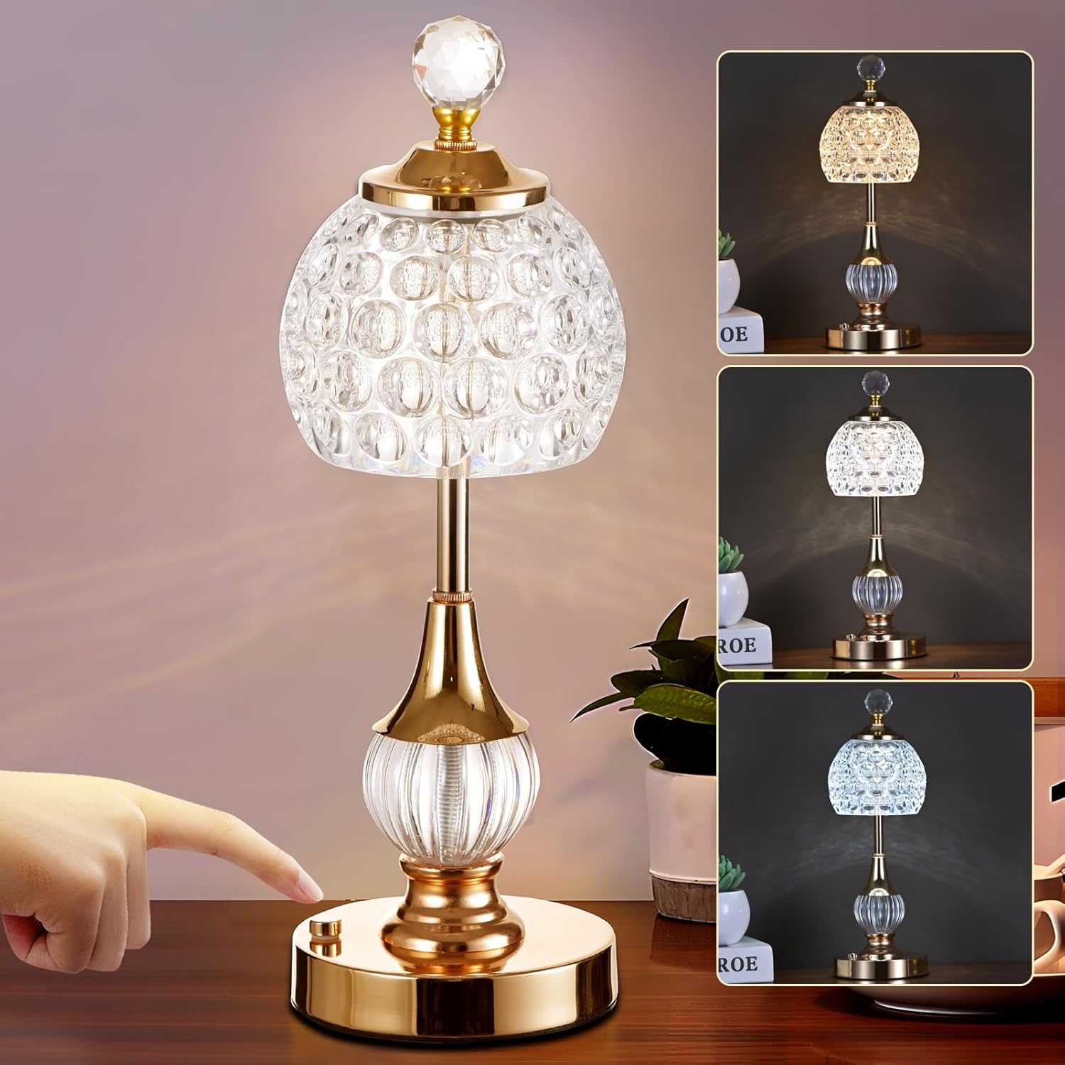 IMQSQIK Crystal Cordless Table Lamp LED Touch Lamp, Built-in 5200 mAh Battery, Wireless USB Charging - Adjustable Light 3 Colors Light Source - Suitable,Bar,Restaurant,Room,Living Room,Outdoor