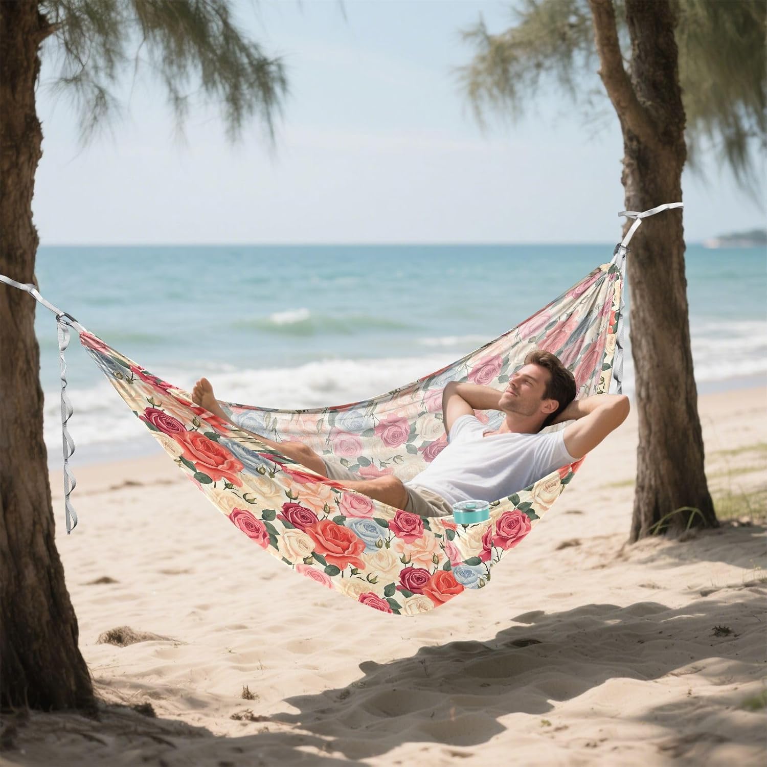 ALAZA Rose Flowers Camping Hammocks Single or 2 Person 500 lbs Portable Parachute Travel Hammock w/Tree Straps for Hiking Backpacking Indoor Outdoor