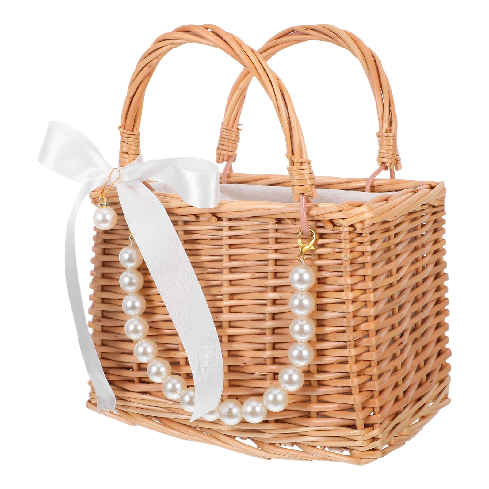 Handgefertigter Dekorativer Geflochtener Blumenkorb aus Weide mit Perlenkette und Schleifenband Elegante Geschenktasche für Hochzeitsfeiern und Partys