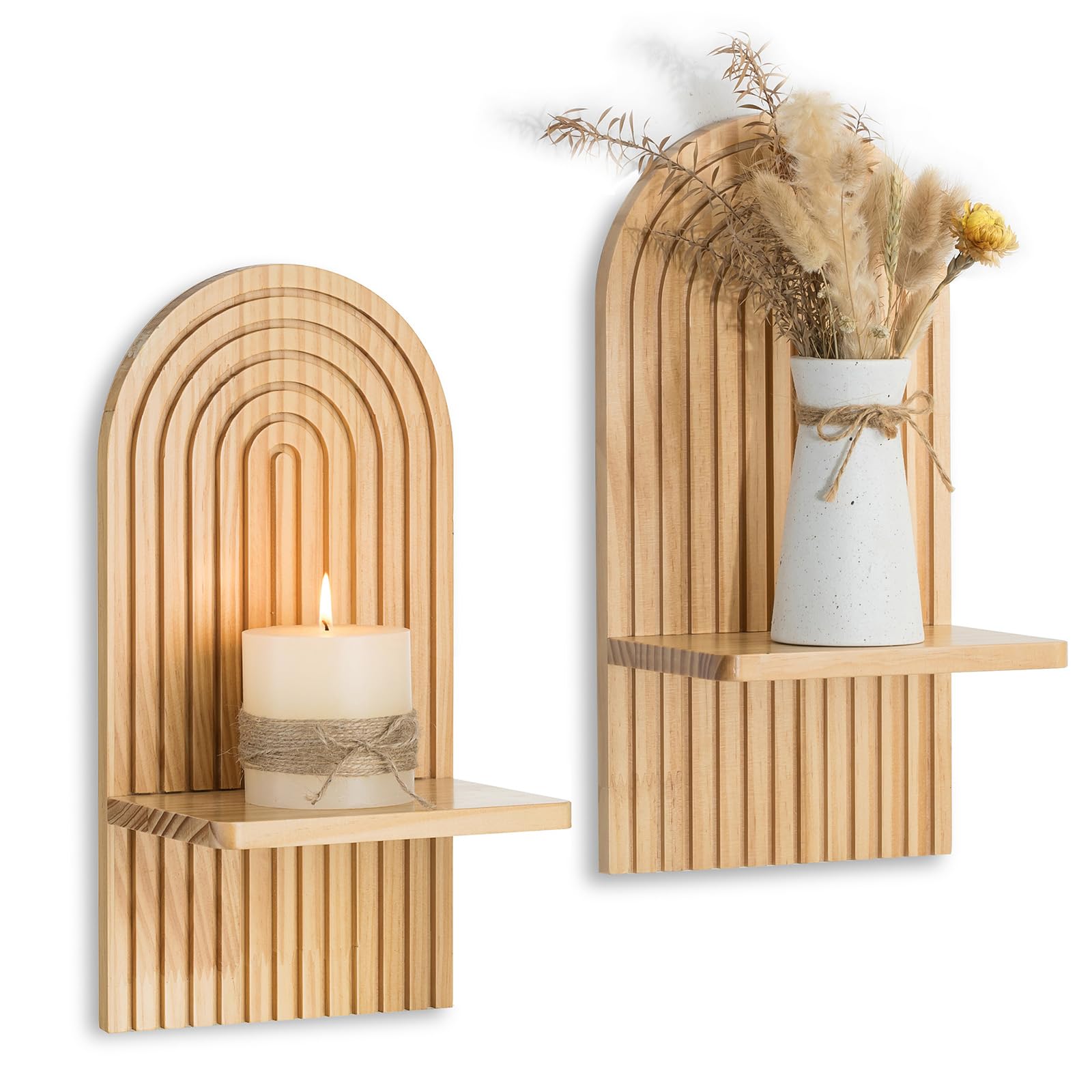 Boho Wall Decor Set of Two - Natural Modern Minimalist Mid Century Wall Candle Holder for Living Room - Wood Bohemian Decor for Bathroom Nursery Bedroom