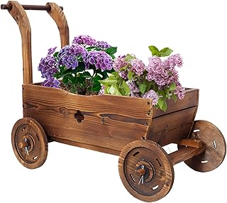 Rustic Wooden Wagon with Handles, Flower Cart with Wheels & Drainage Holes, Wagon Wheel Decor for Garden, Patio, Porch, or Balcony (26 Inches)