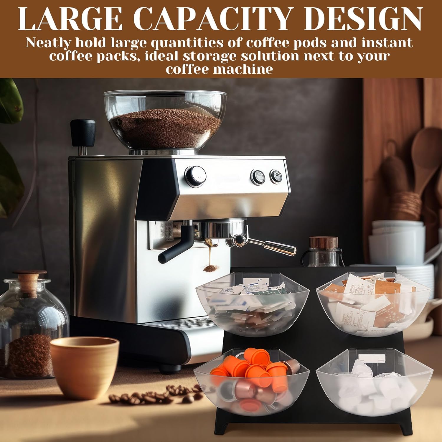 15.5''x10''x 10.5'' Coffee Condiment Packet Organizer with 4 Removable Compartments Steel Coffee Caddy Station Creamer Sugar Tea Holder for Bar Countertop Office Kitchen Accessories(Black)