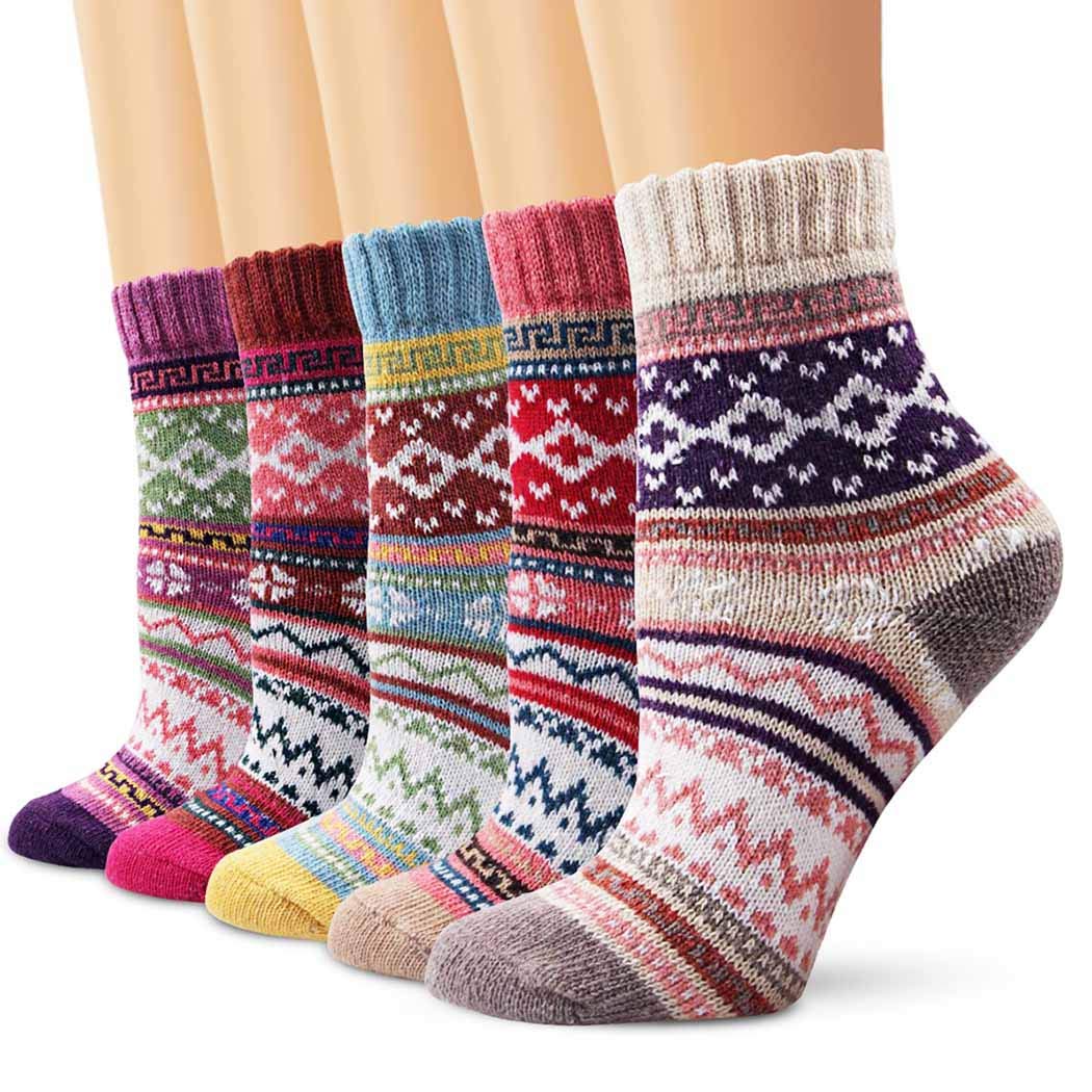 Barode5 Pairs Womens Warm Wool Socks Vintage Style Winter Socks Soft Thick Knit Cabin Cozy Crew Socks for Women Gifts (A)