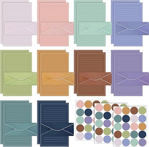 TaoBary Juego de 160 papeles de papelería (50 papeles de escritura de doble cara, 50 sobres a juego), 60 calcomanías de puntos redondos, 10 diseños