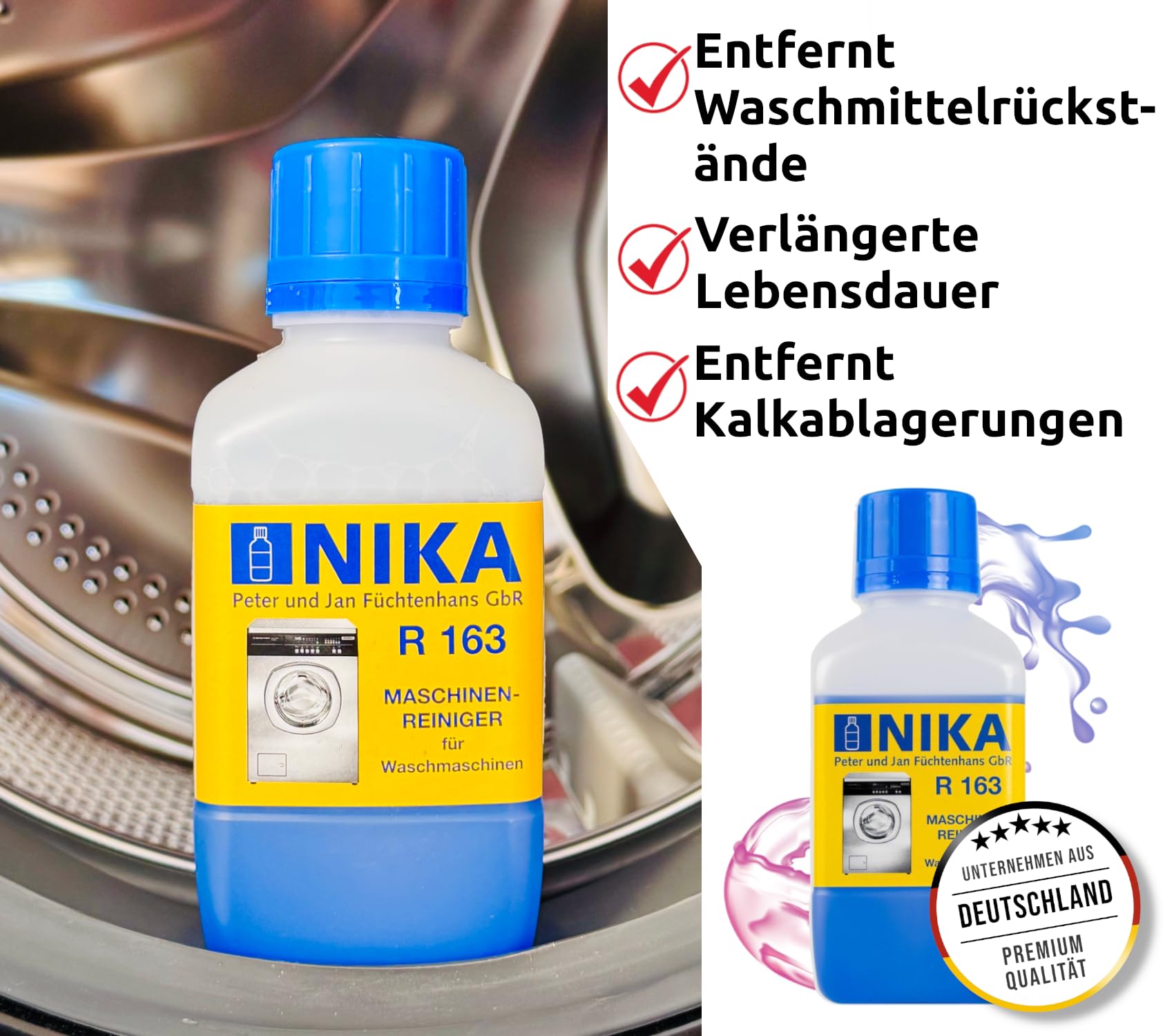 NIKA Haushaltsgerätereiniger Set | NIKA R163 + R164 + R165 Waschmaschinen Reiniger | Waschmaschinen Entkalker | Maschinenentfetter entfernt Kalk, Kaffemaschinen Reiniger Geschirrspülreiniger
