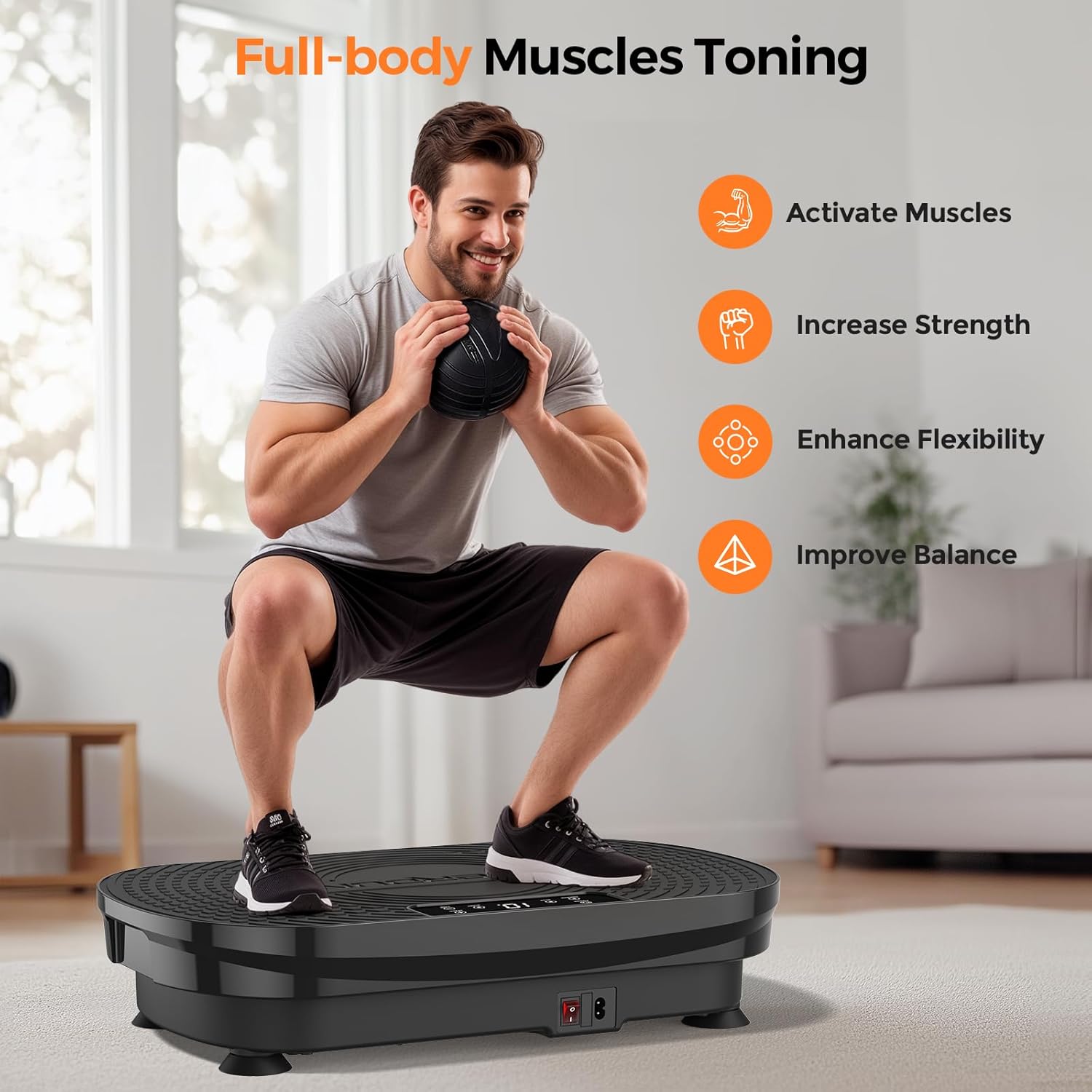 Man performing a squat on FEIERDUN Vibration Plate for muscle toning